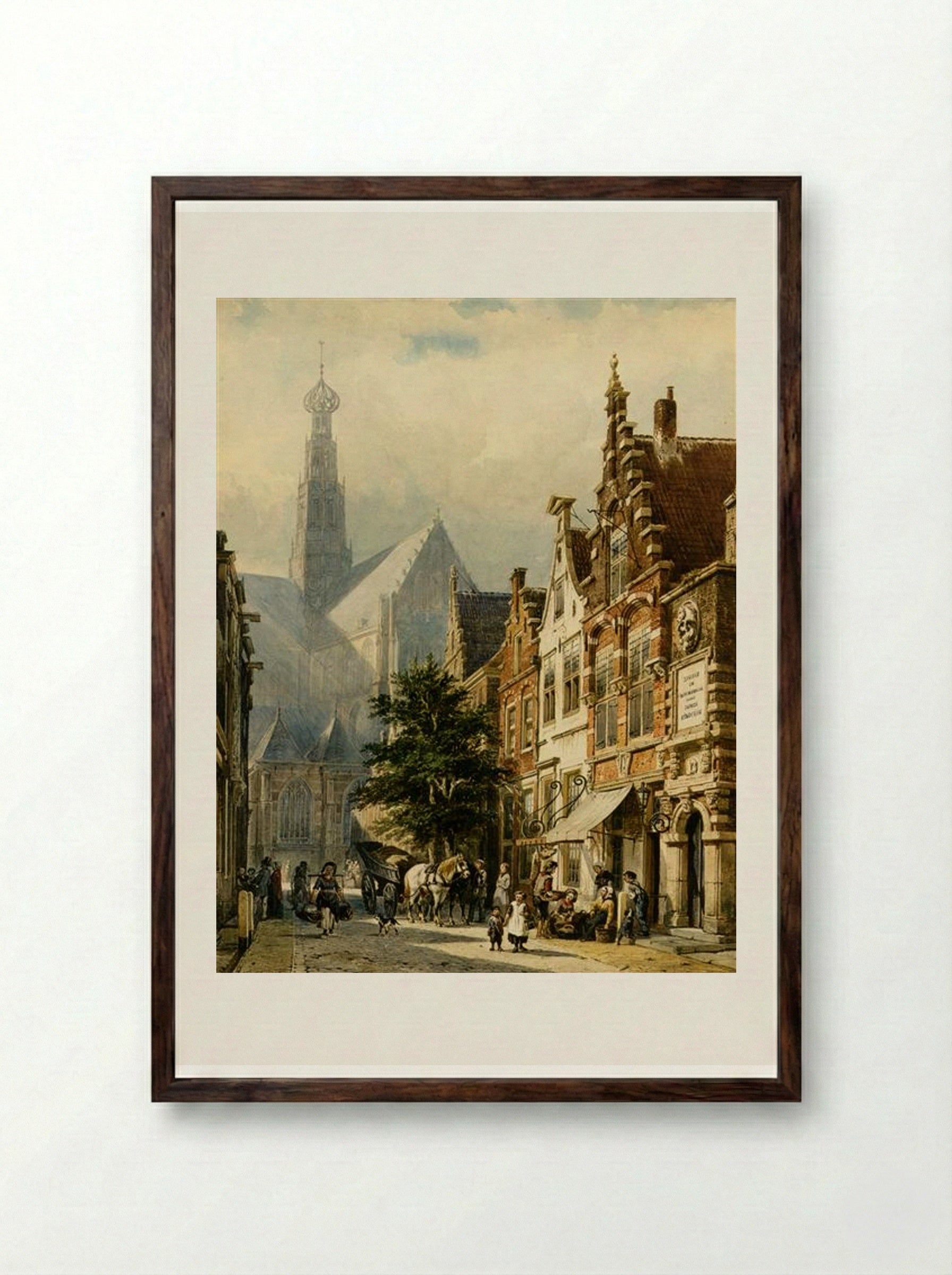 Many figures in the streets of Haarlem - Cornelis Springer - Framed Print Dark Wood