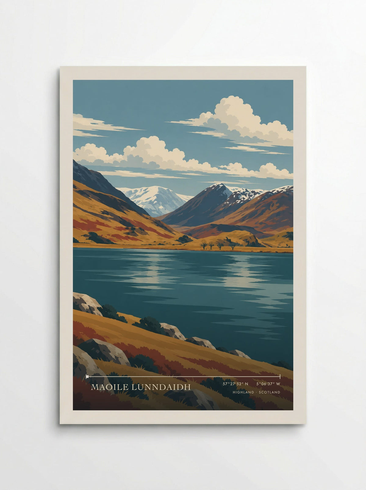 Maoile Lunndaidh, Highland travel poster: dark turquoise water, bare shore trees and golden slopes below snowy mountain crowns in early spring