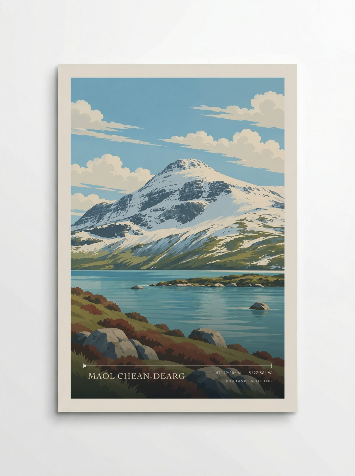 Maol Chean-dearg, Highland travel poster: a snowy rounded crown above turquoise water, dark rock bands and rusty shore heather in spring