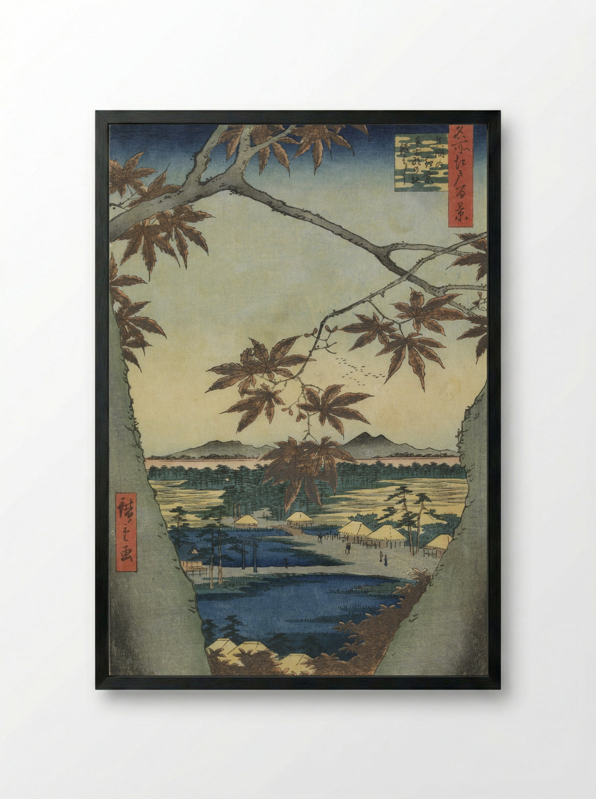 Maple Leaves at the Tekona Shrine, Mama - Utagawa Hiroshige - Framed Print Black