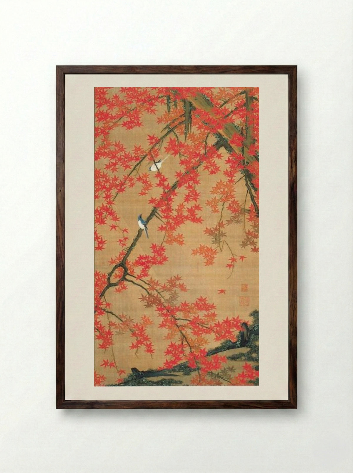 Maple Tree and Small Birds - Ito Jakuchu - Framed Print Dark Wood