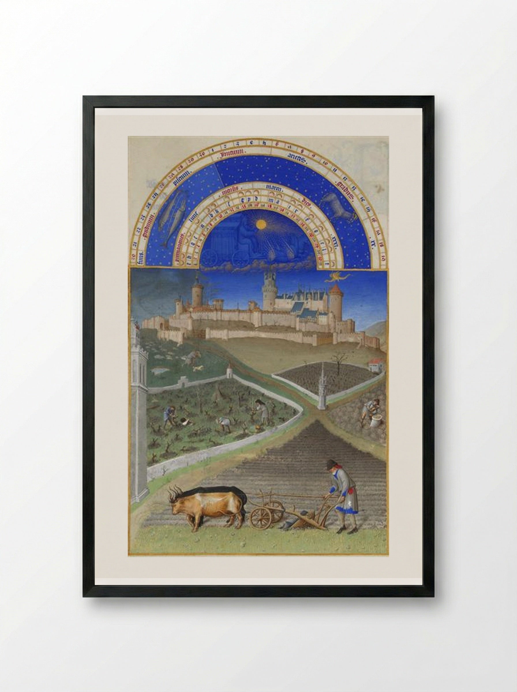 March: Peasants at Work on a Feudal Estate - Limbourg brothers - Framed Print Black