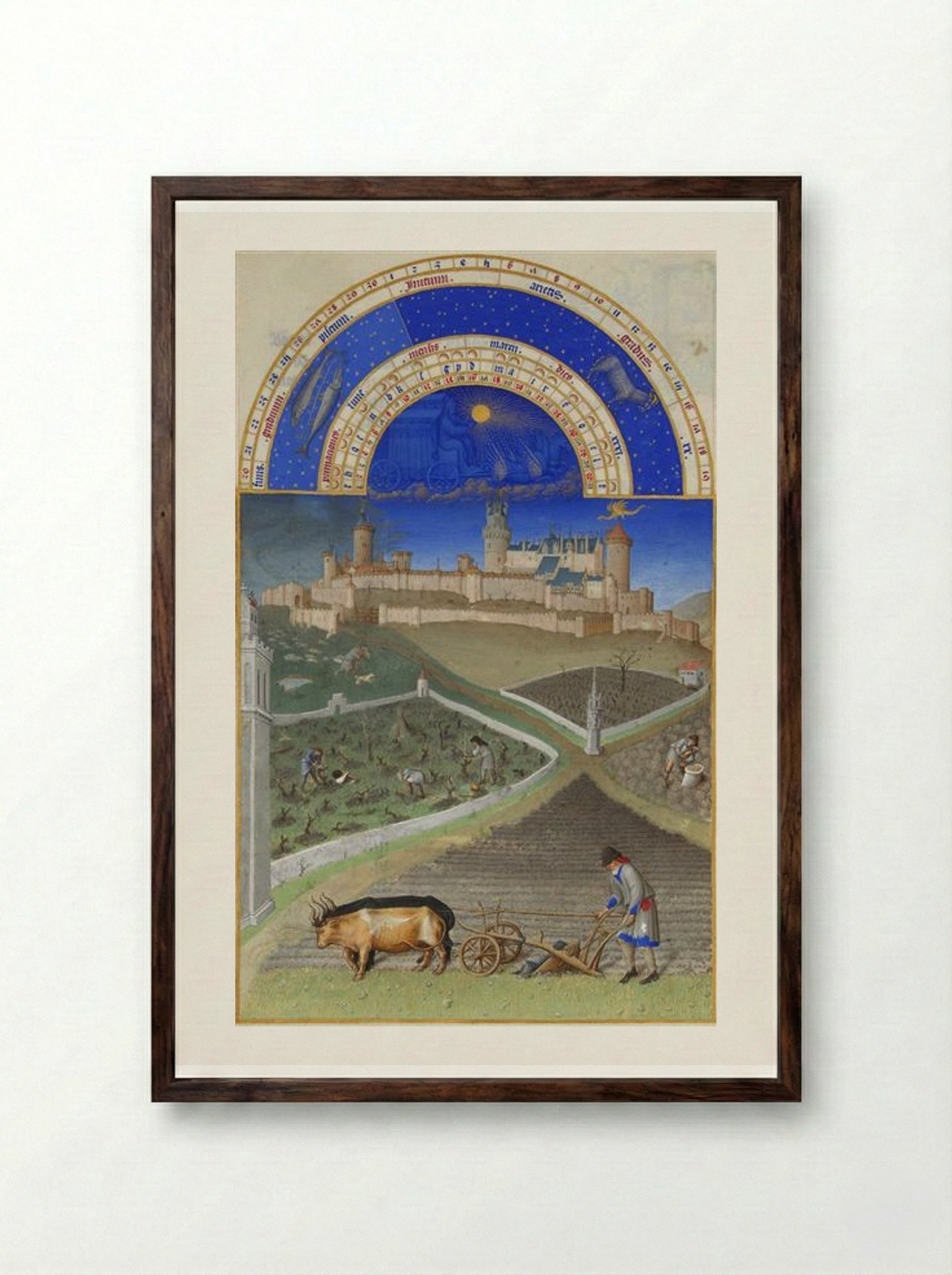 March: Peasants at Work on a Feudal Estate - Limbourg brothers - Framed Print Dark Wood