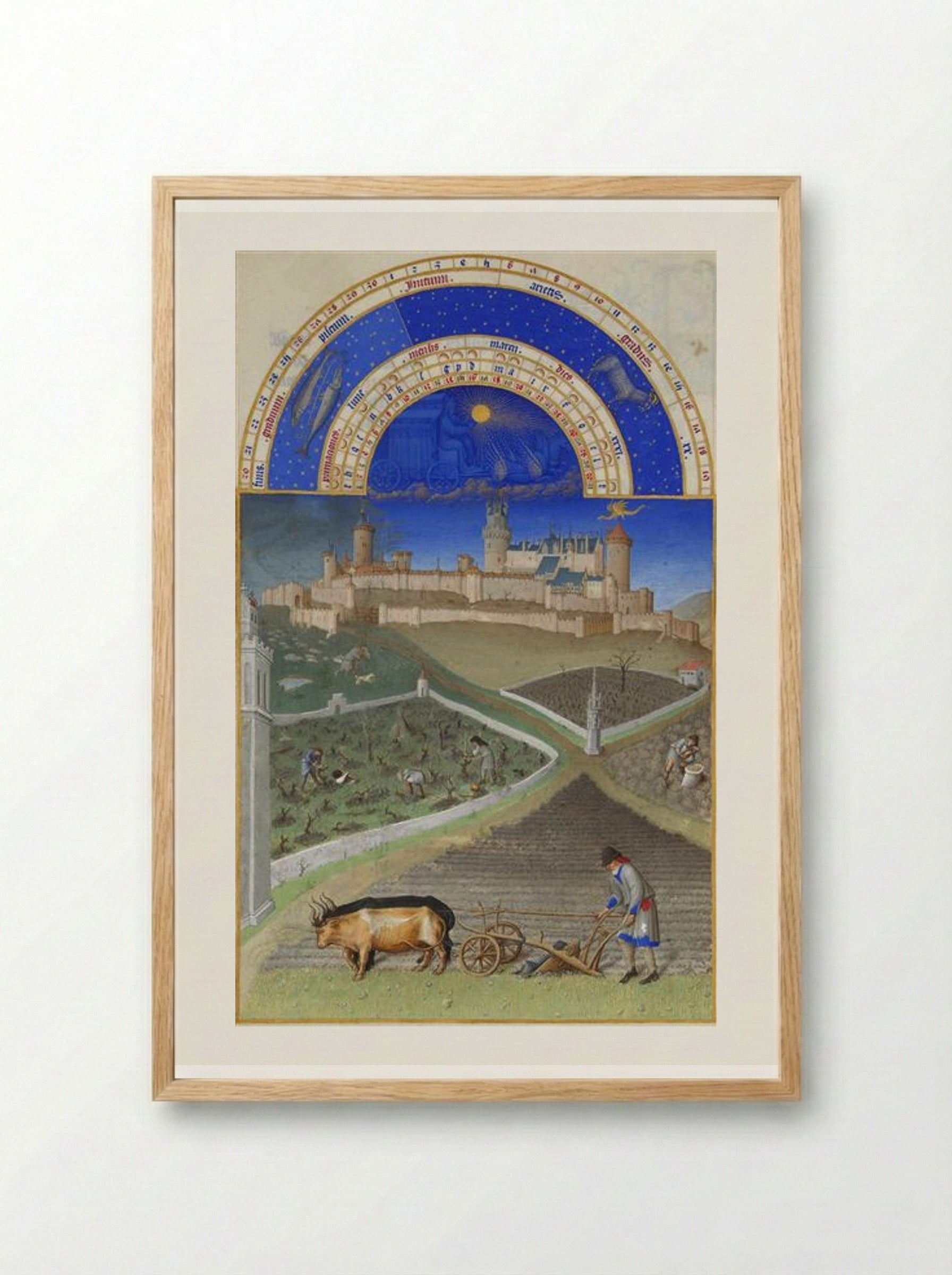 March: Peasants at Work on a Feudal Estate - Limbourg brothers - Framed Print Wood