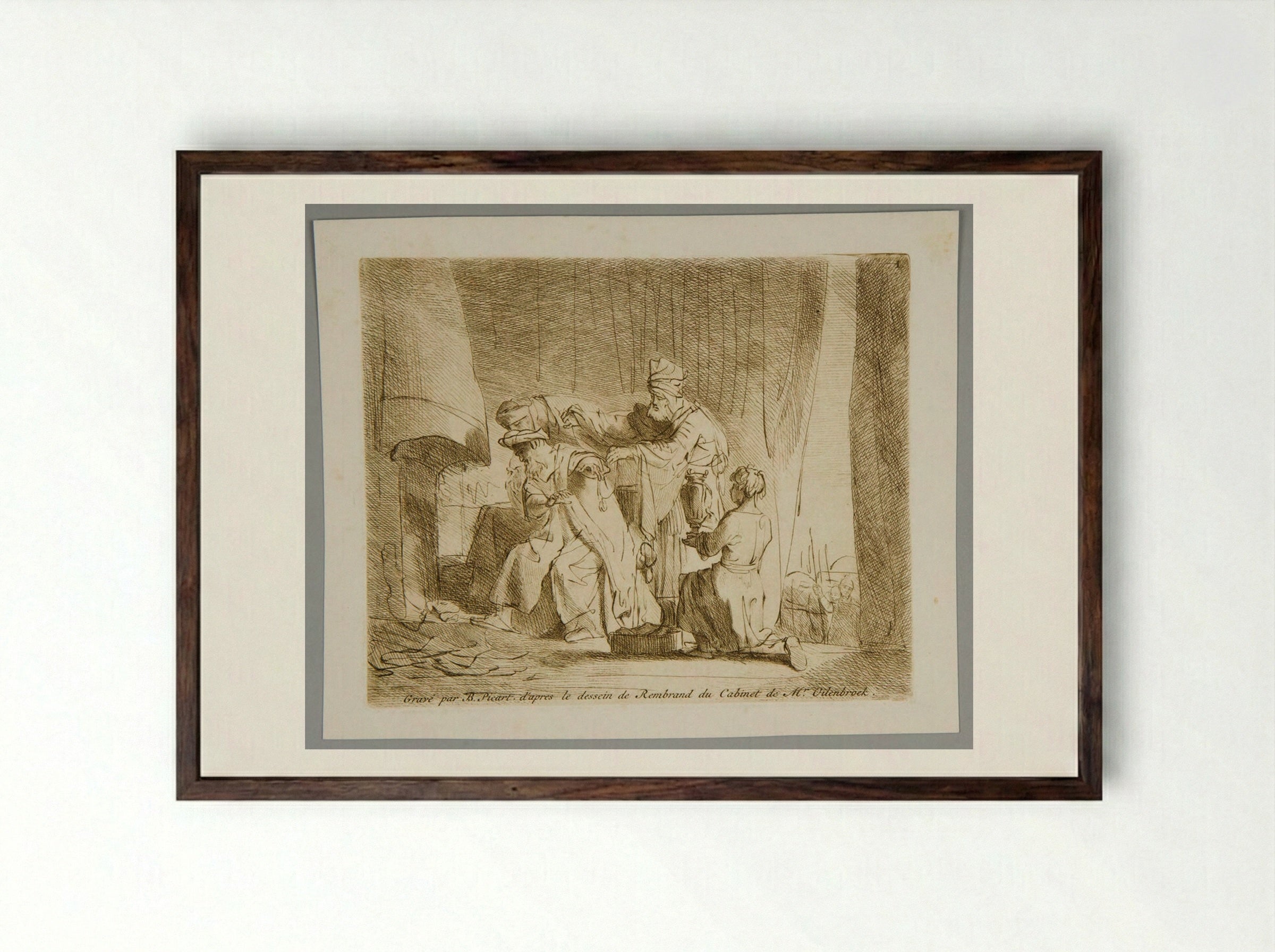 Marcus Curius Dentatus Refusing the Gifts of the Samnites - Bernard Picart - Framed Print Dark Wood