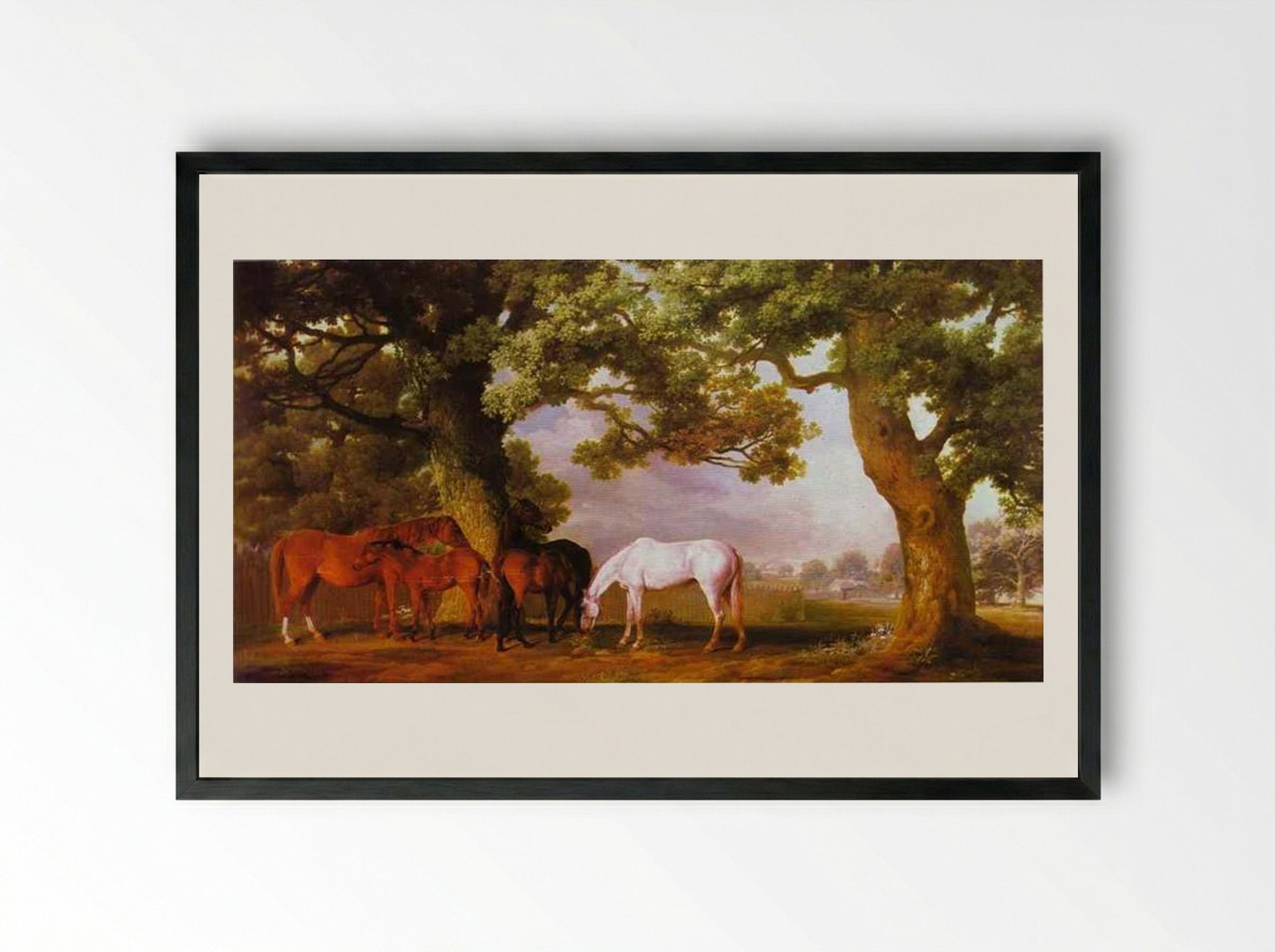 Mares and Foals in a Wooded Landscape - George Stubbs - Framed Print Black