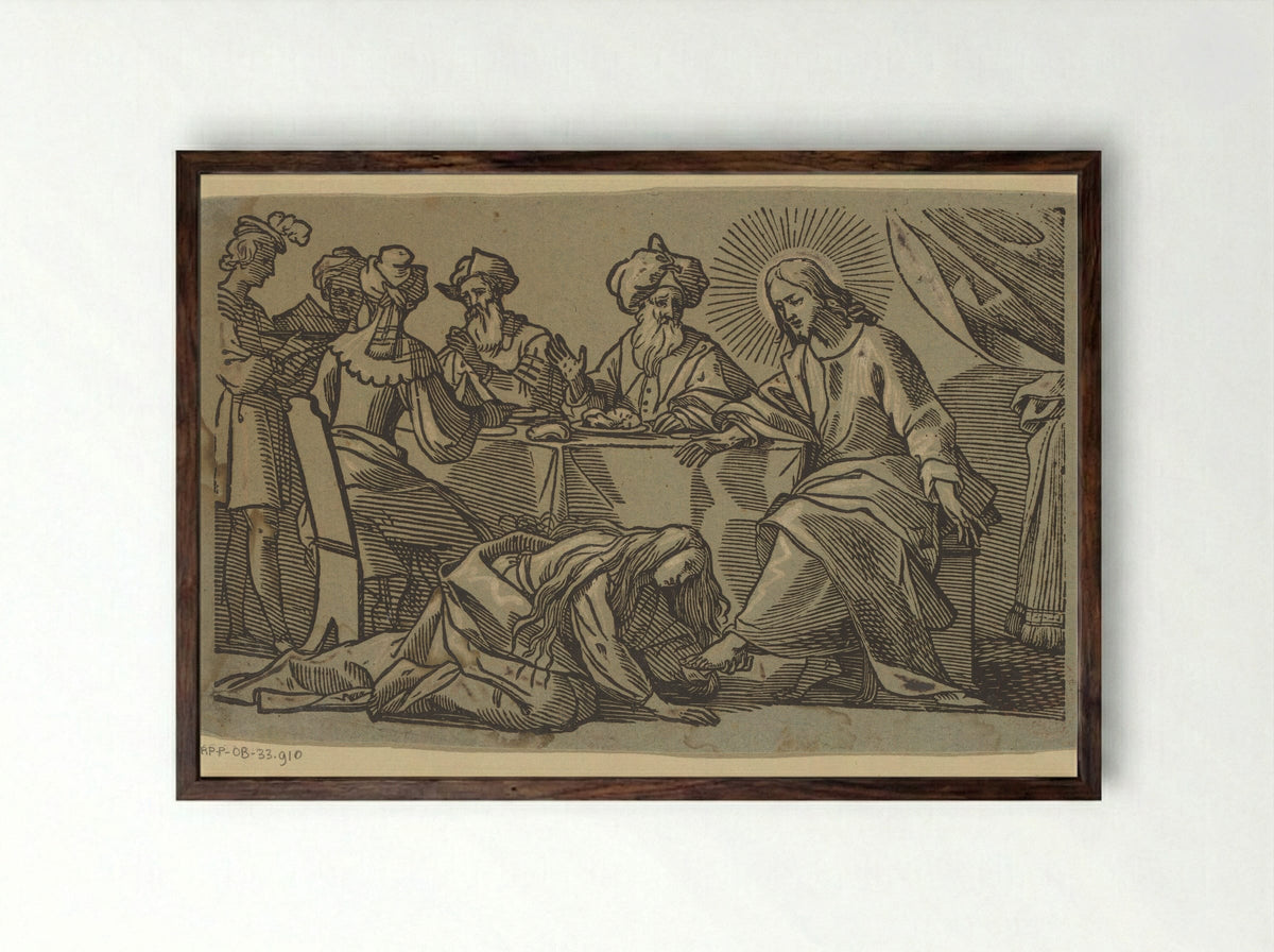 Maria Magdalena zalft de voeten van Christus - Duval - Framed Print Dark Wood