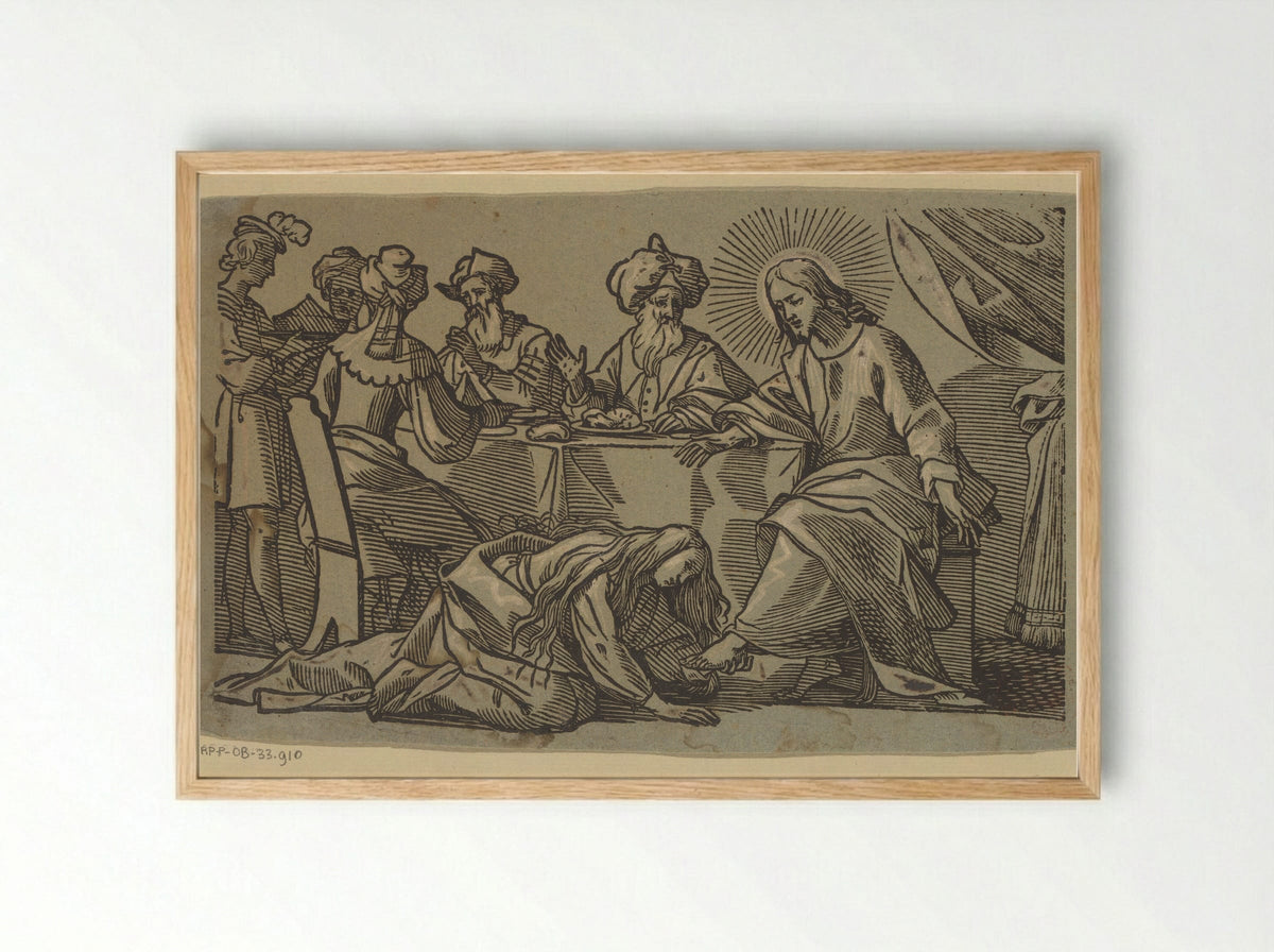 Maria Magdalena zalft de voeten van Christus - Duval - Framed Print Wood