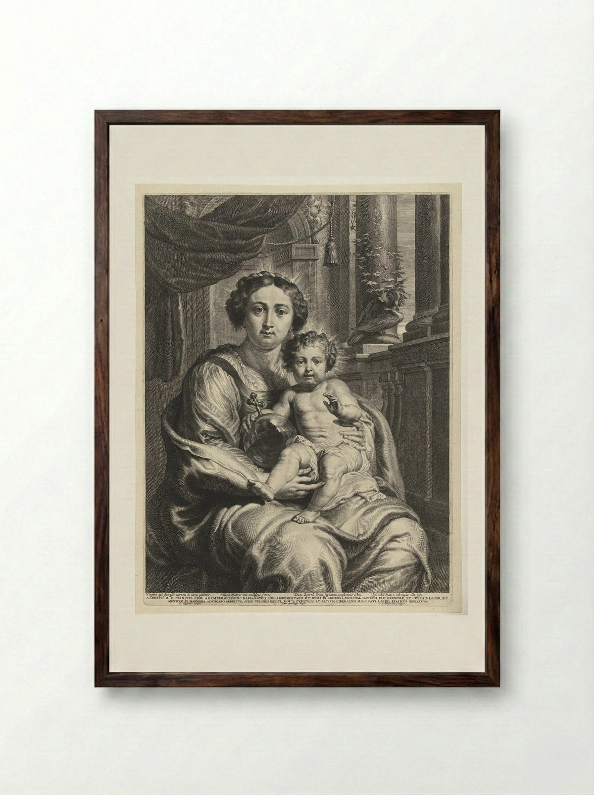 Maria als Koningin van de Hemel met het Christuskind als Salvator Mundi - Schelte Adamsz. Bolswert - Framed Print Dark Wood