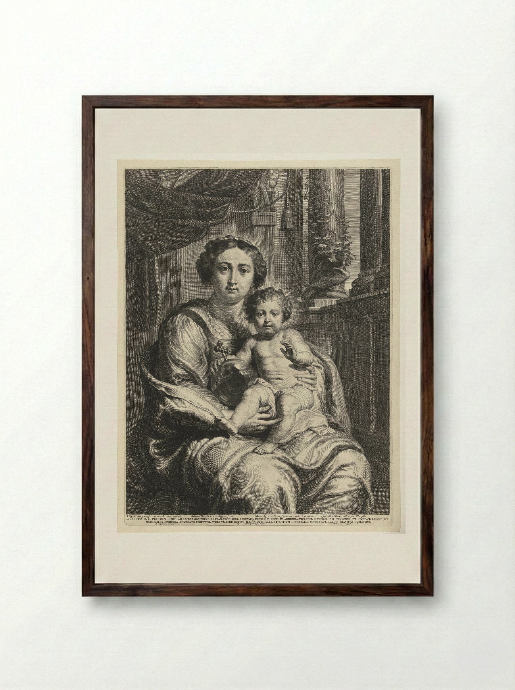 Maria als Koningin van de Hemel met het Christuskind als Salvator Mundi - Schelte Adamsz. Bolswert - Framed Print Dark Wood