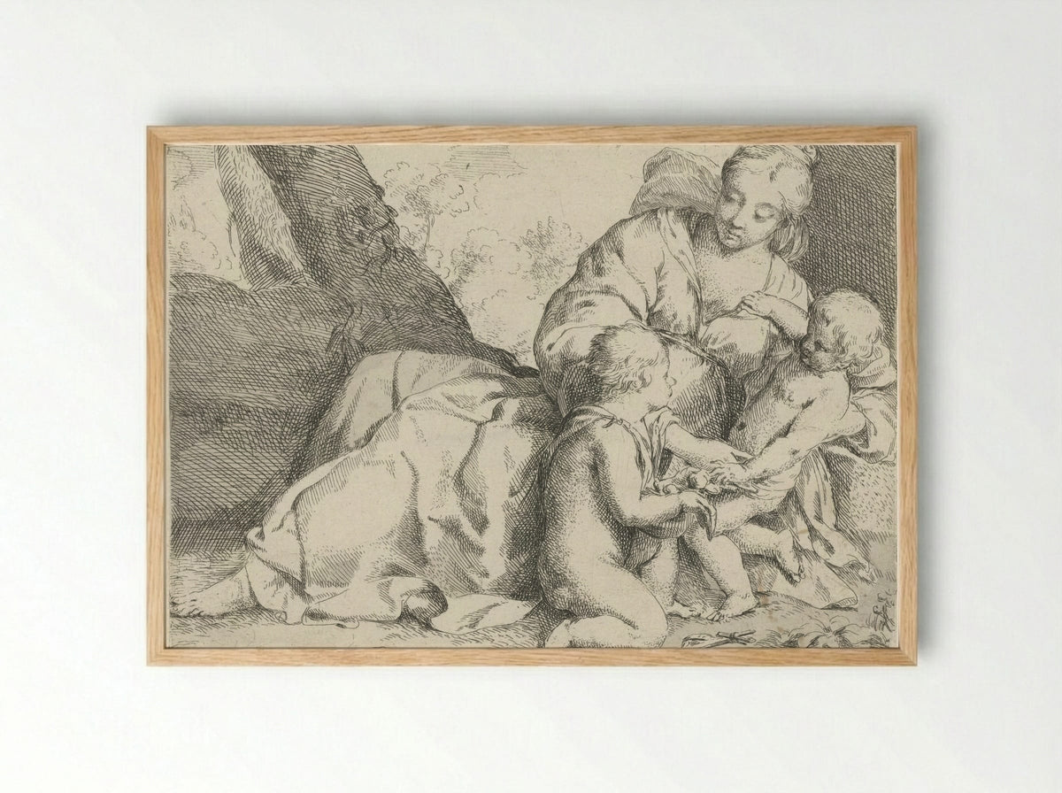Maria met Christuskind en Johannes de Doper - Jan Miel - Framed Print Wood