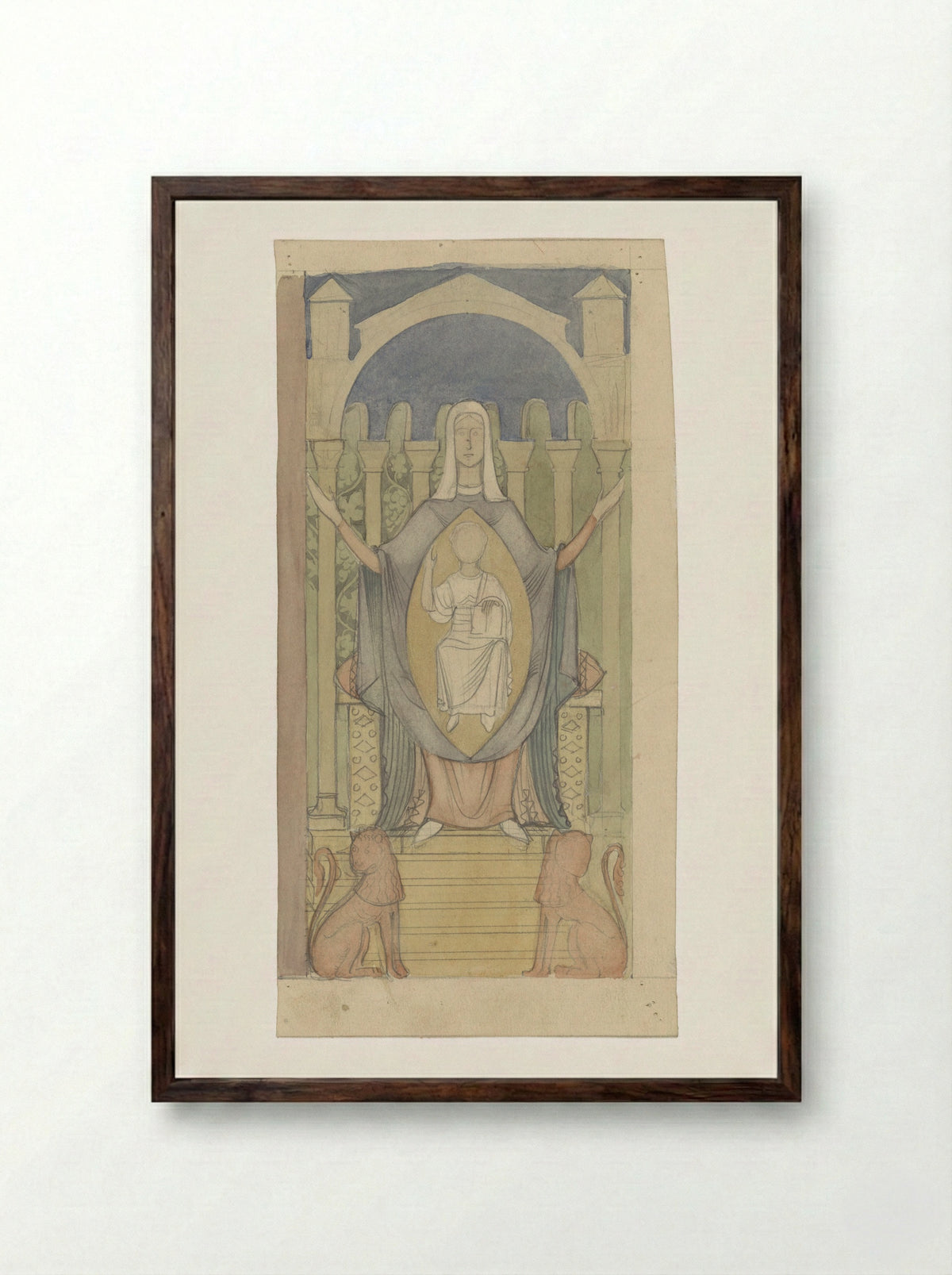 Maria met Christuskind, zittend op de troon van Salomo - Antoon Derkinderen - Framed Print Dark Wood