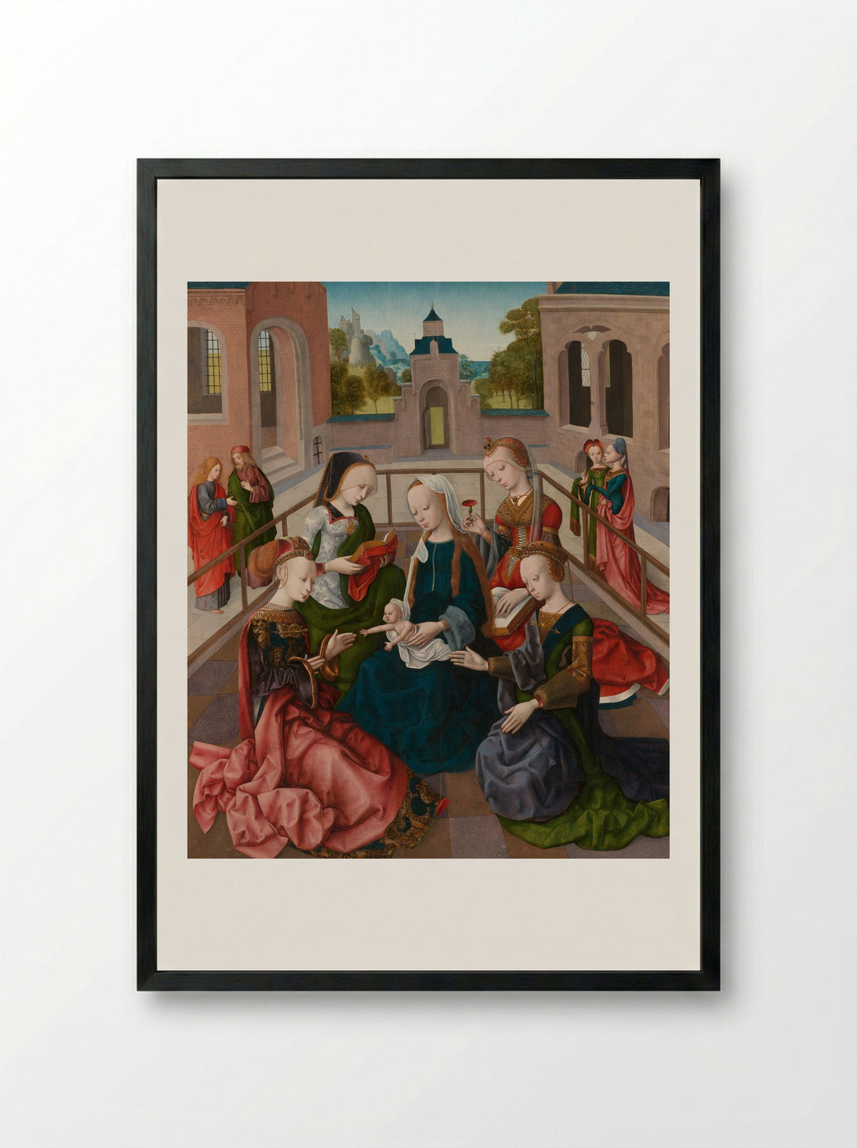 Maria met Jezus en vier heilige maagden - Master of the Virgo inter Virgines - Framed Print Black