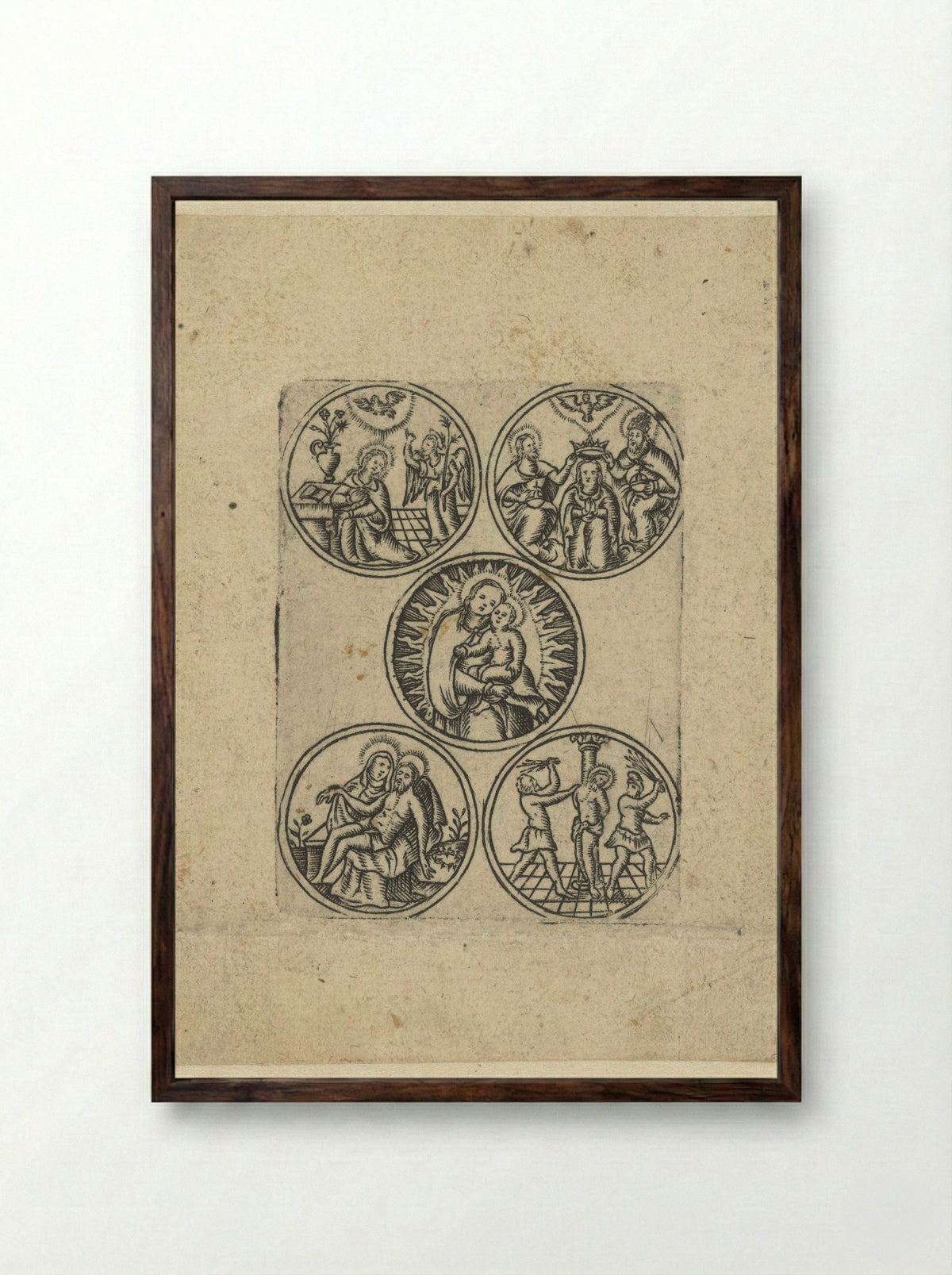 Maria met kind en vier scènes uit haar leven - Monogrammist S - Framed Print Dark Wood