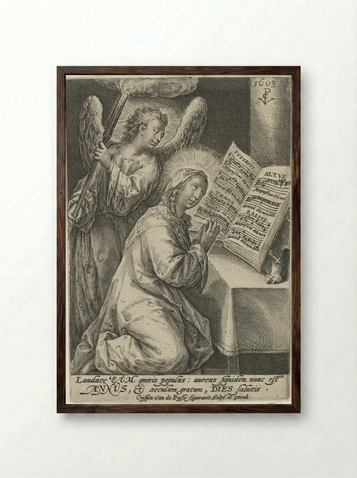 Maria vergezeld door engel - Crispijn van de Passe (I) - Framed Print Dark Wood