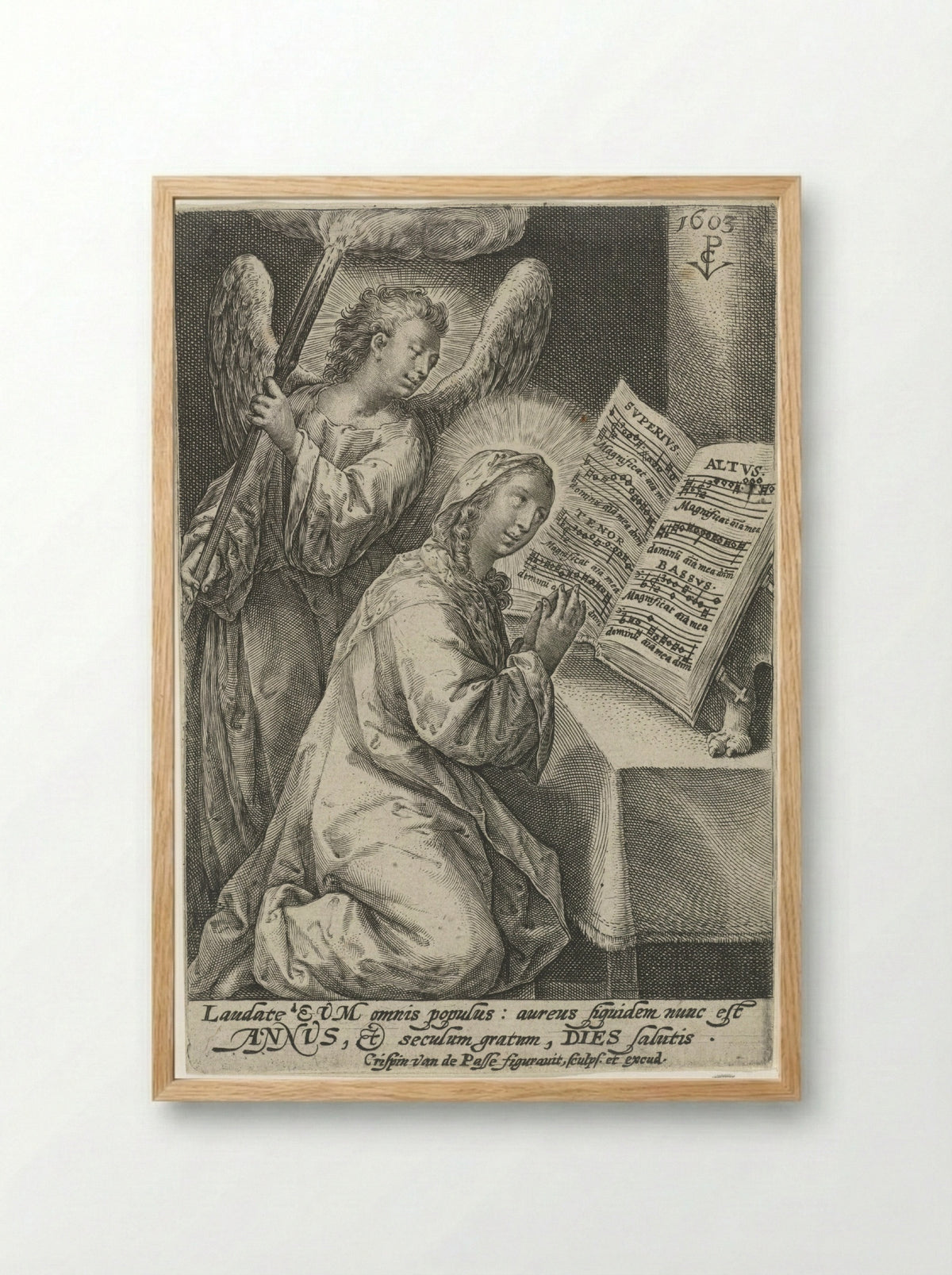 Maria vergezeld door engel - Crispijn van de Passe (I) - Framed Print Wood