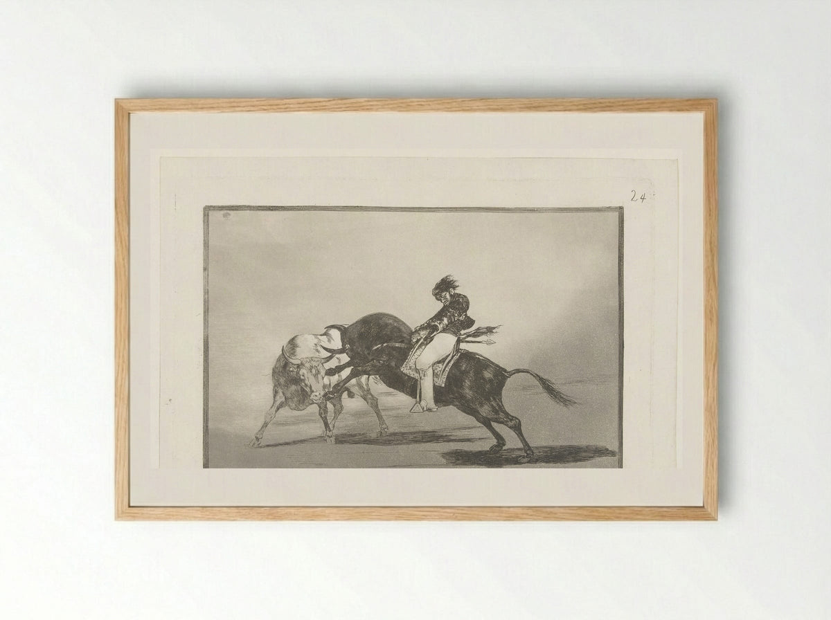 Mariano Ceballos rijdend op een stier - Francisco de Goya - Framed Print Wood