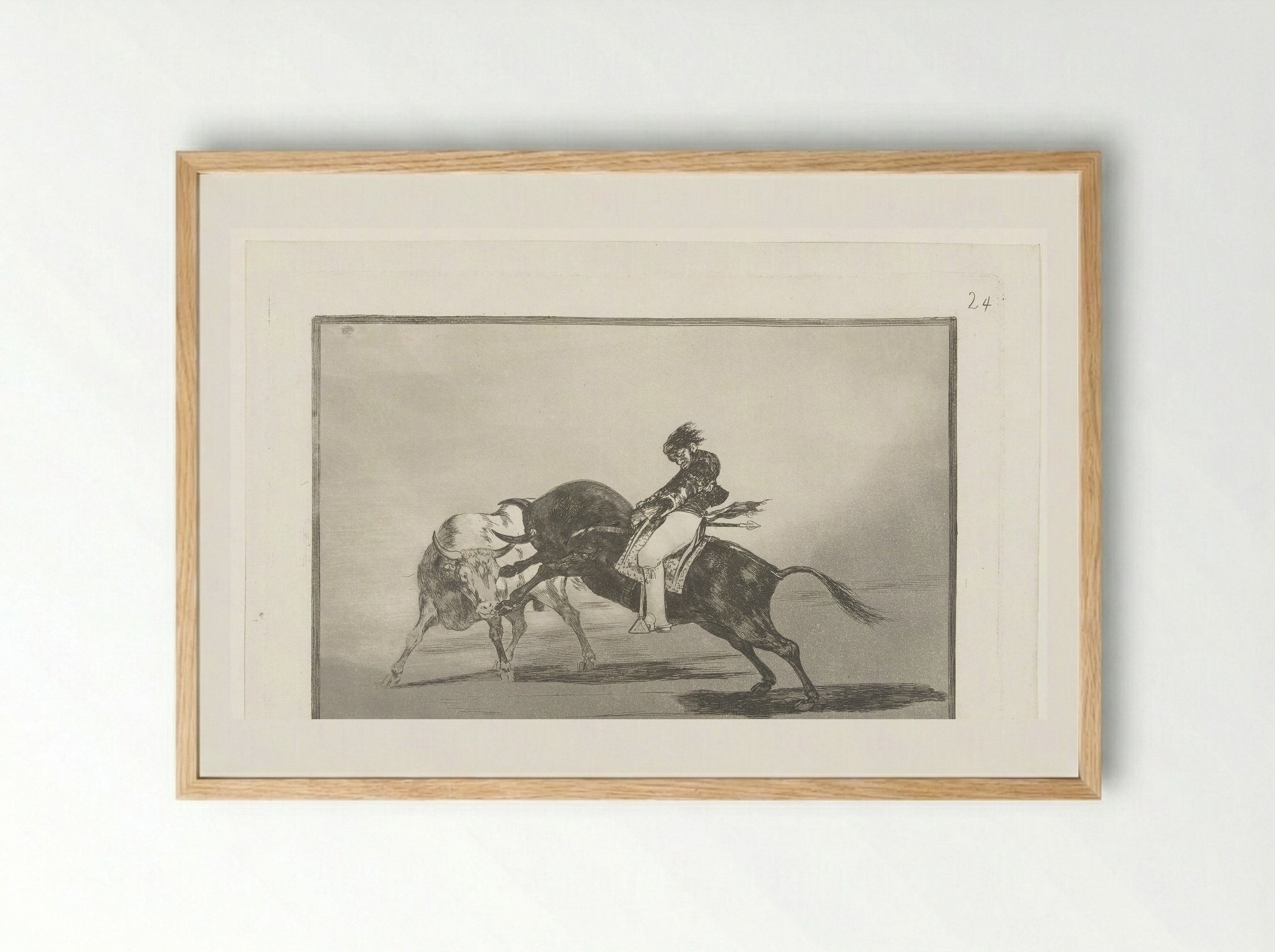 Mariano Ceballos rijdend op een stier - Francisco de Goya - Framed Print Wood