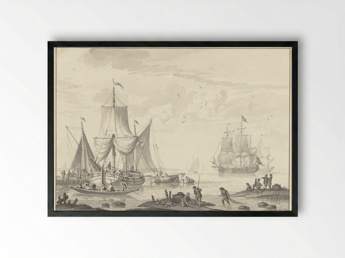 Marine (Coastal Scene with Shipping) - Nicolaes Aartman - Framed Print Black