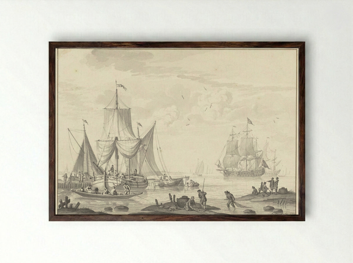 Marine (Coastal Scene with Shipping) - Nicolaes Aartman - Framed Print Dark Wood