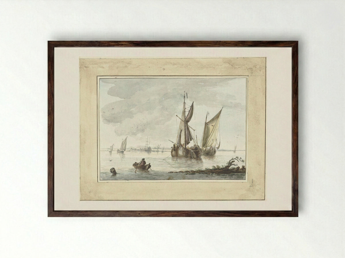 Marine (Seascape with Sailing Vessels) - Pieter van Loo - Framed Print Dark Wood