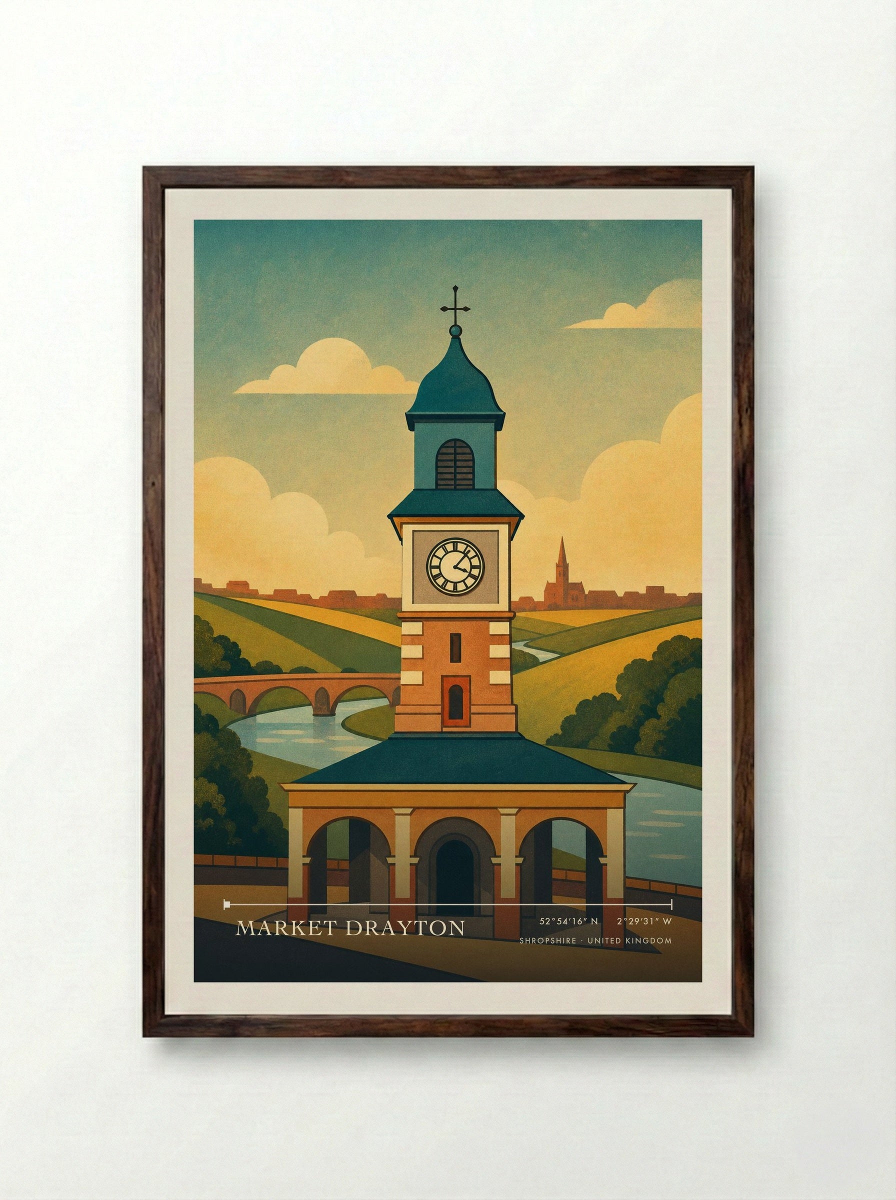 Market Drayton Shropshire United Kingdom Travel Poster - Framed Print Dark Wood