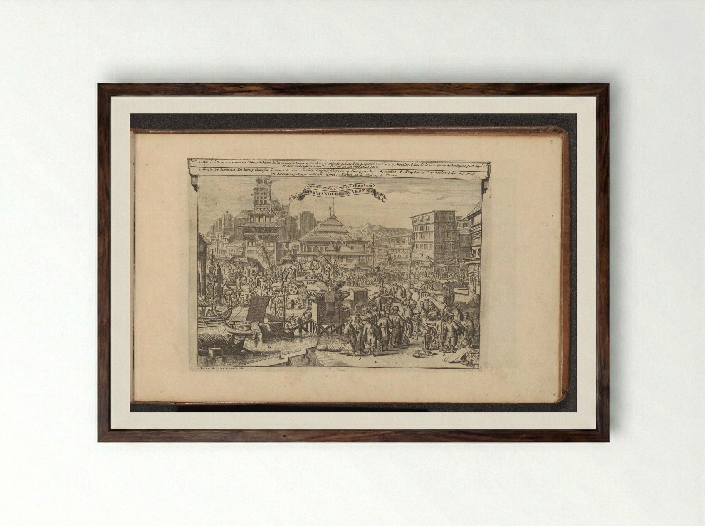 Markt en handel in Bantam - Romeyn de Hooghe - Framed Print Dark Wood