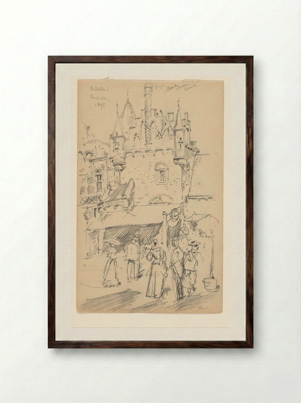 Marktplein van de nagebouwde stad Oud-Holland op de Wereldtentoonstelling voor het Hotel- en Reiswezen van 1895 - Jan Hoynck van Papendrecht - Framed Print Dark Wood