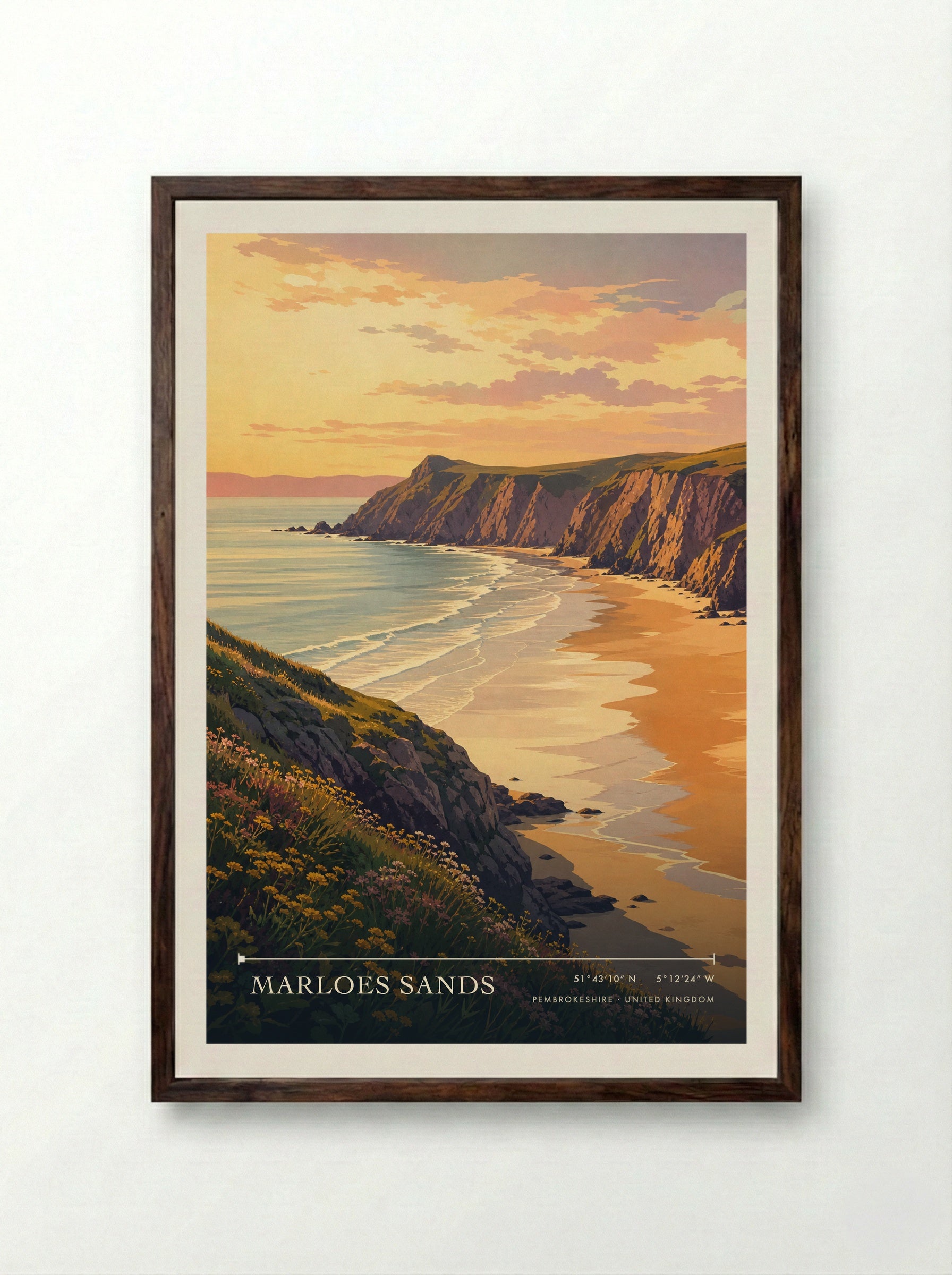 Marloes Sands Pembrokeshire United Kingdom Travel Poster - Framed Print Dark Wood