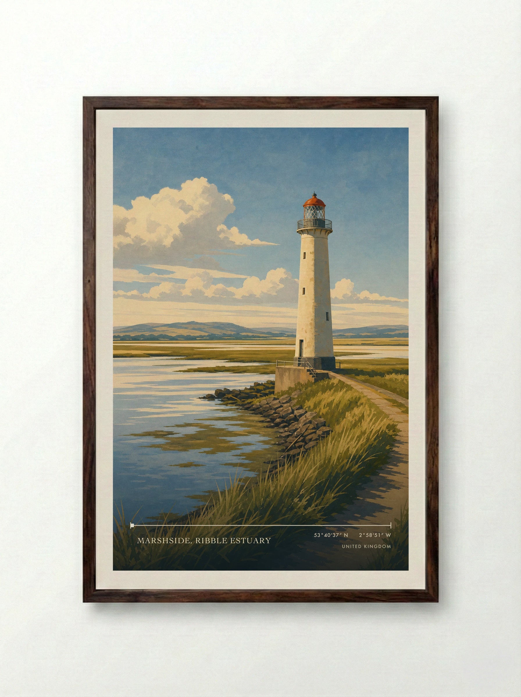 Marshside, Ribble Estuary United Kingdom Travel Poster - Framed Print Dark Wood