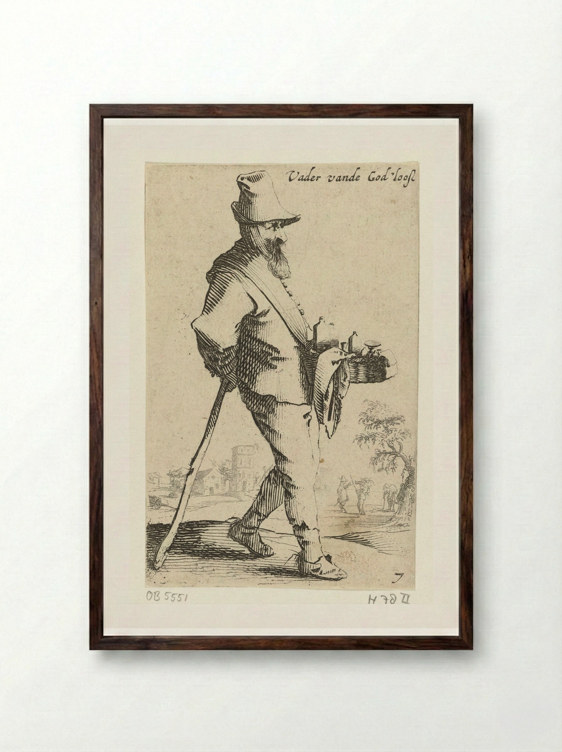 Marskramer leunend op een stok - Salomon Savery - Framed Print Dark Wood