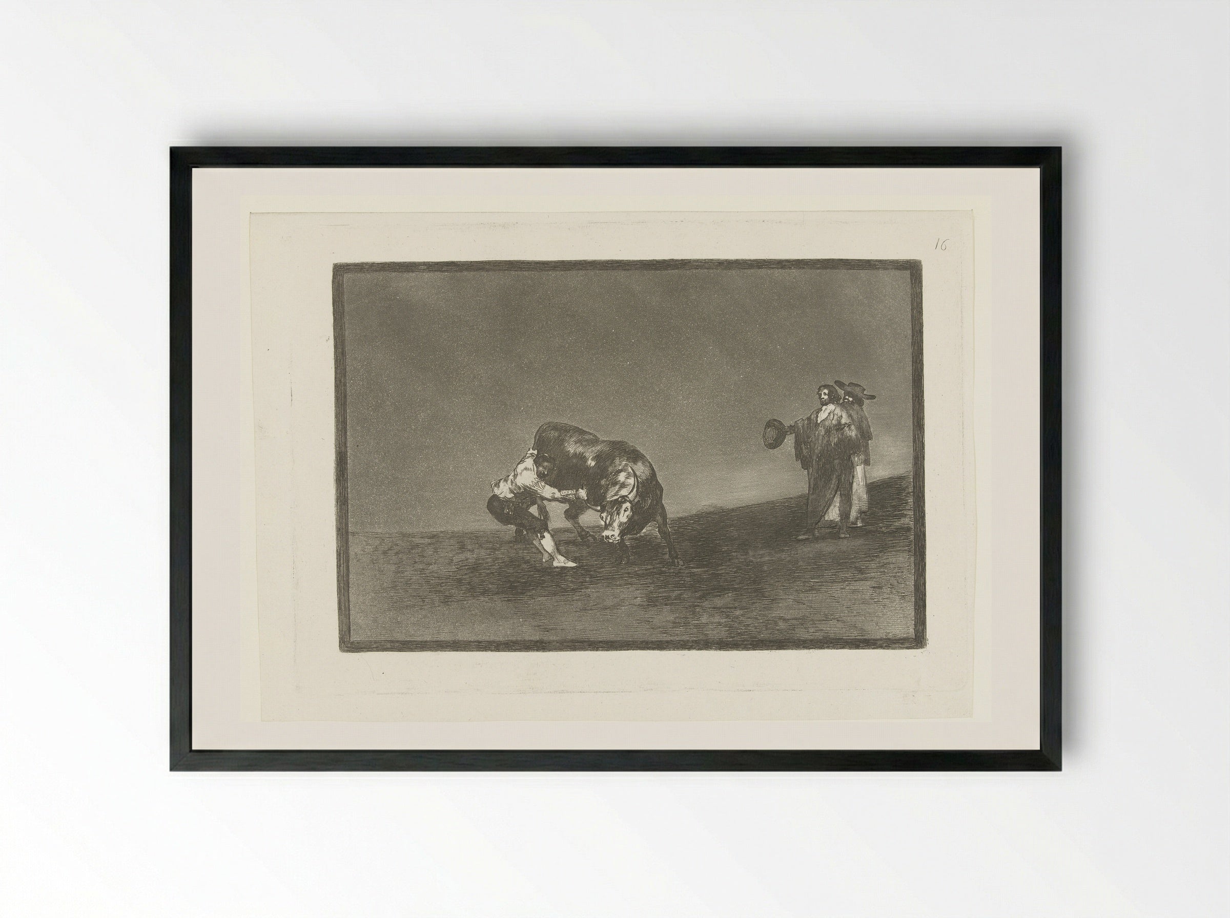 Martincho grijpt een stier bij zijn hoorn - Francisco de Goya - Framed Print Black