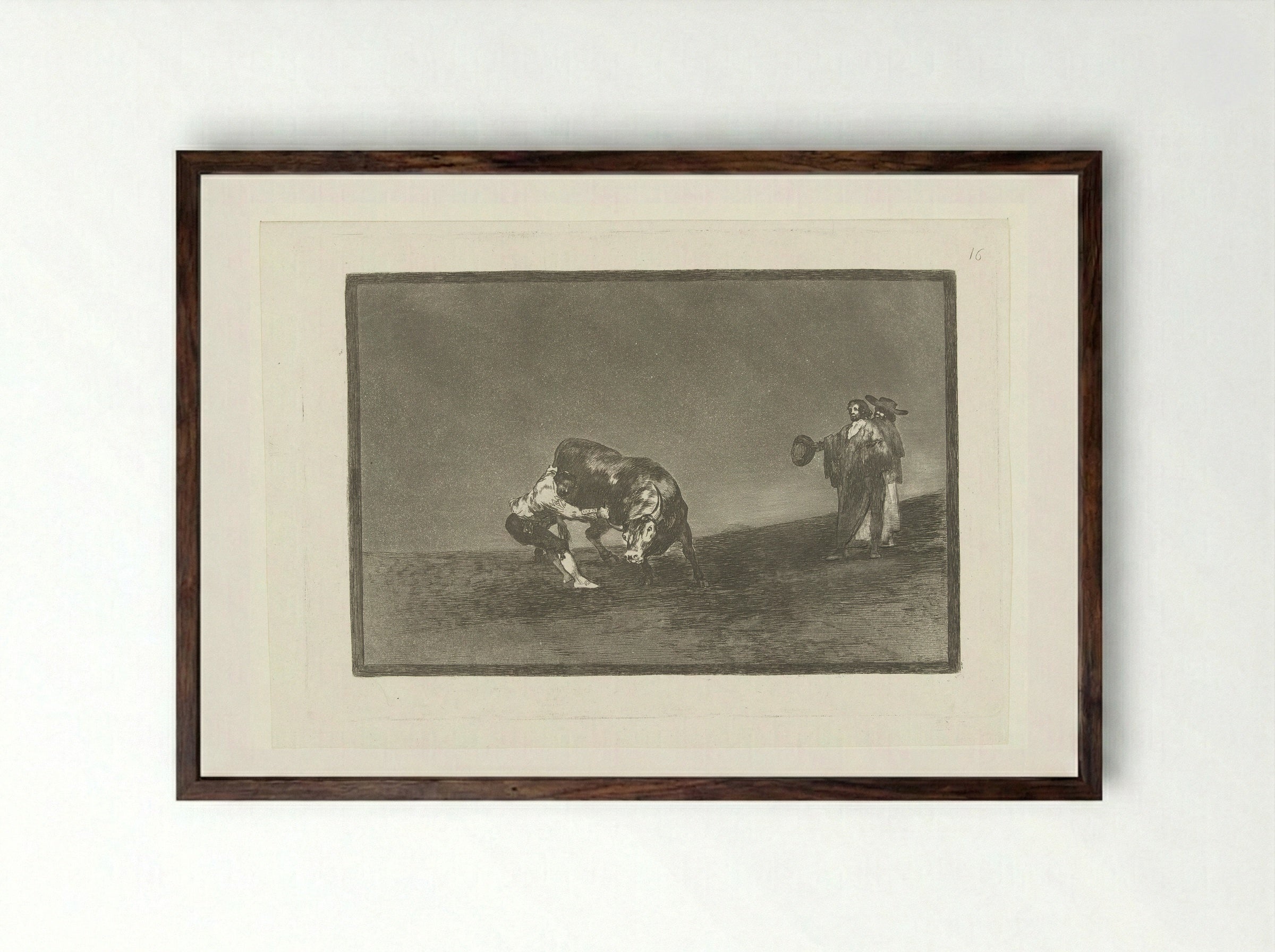 Martincho grijpt een stier bij zijn hoorn - Francisco de Goya - Framed Print Dark Wood