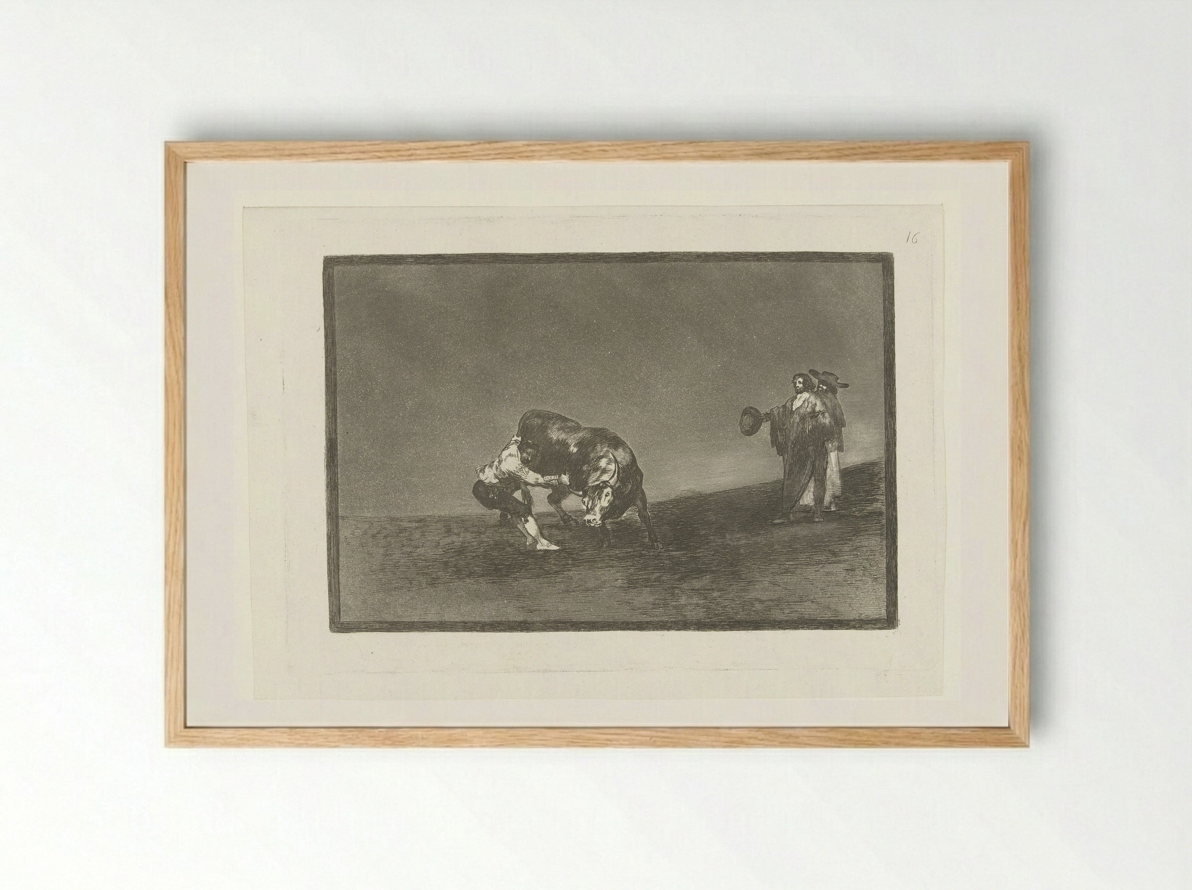 Martincho grijpt een stier bij zijn hoorn - Francisco de Goya - Framed Print Wood