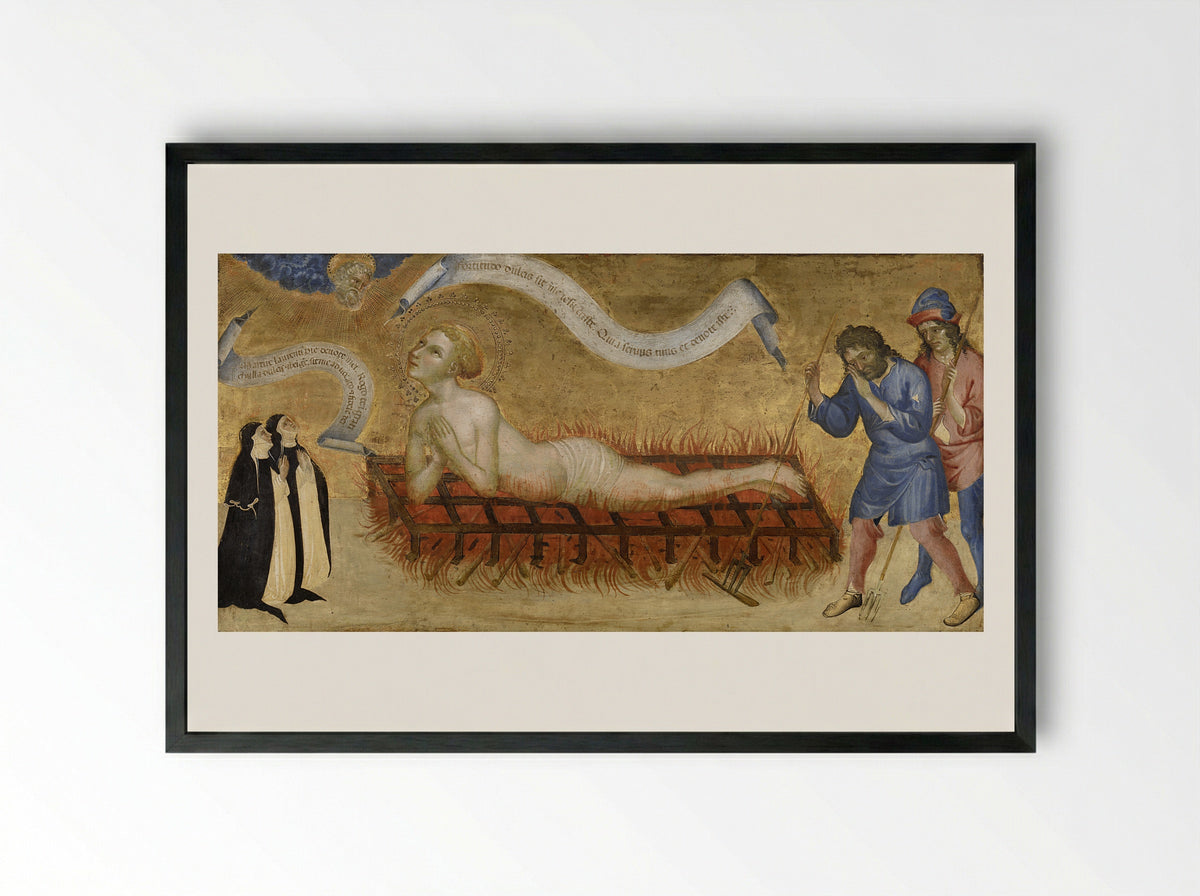 Martyrdom of Saint Lawrence, with Two Benedictine Nuns - Jacobello del Fiore - Framed Print Black