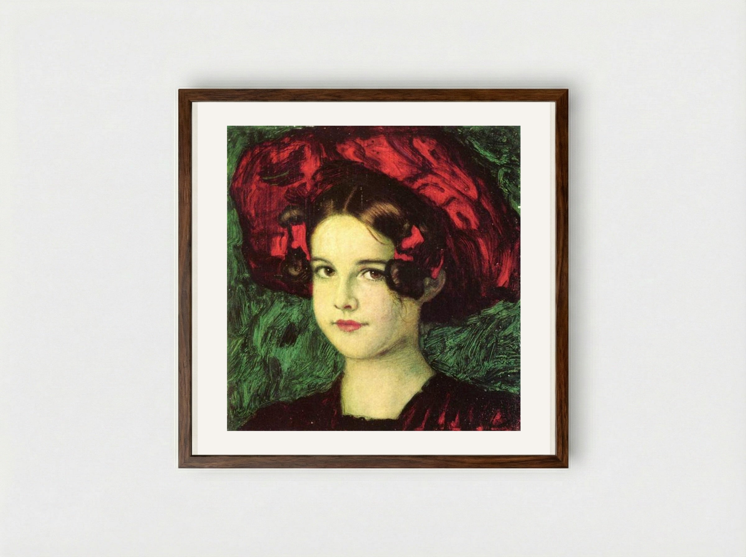 Mary with a Red Hat - Franz von Stuck - Framed Print Dark Wood