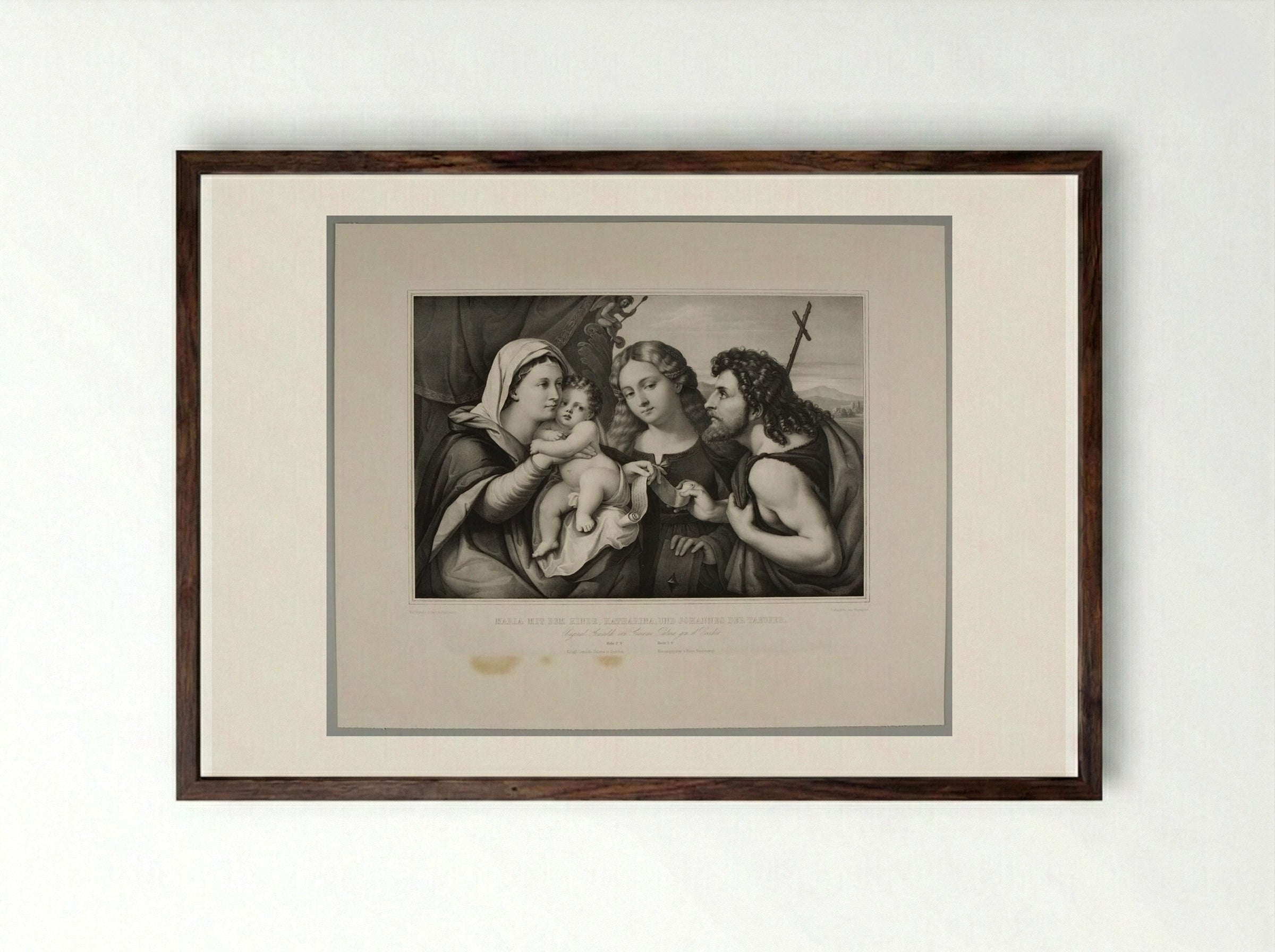 Mary with the Child, Saint Catherine and John the Baptist - Franz Hanfstaengl - Framed Print Dark Wood