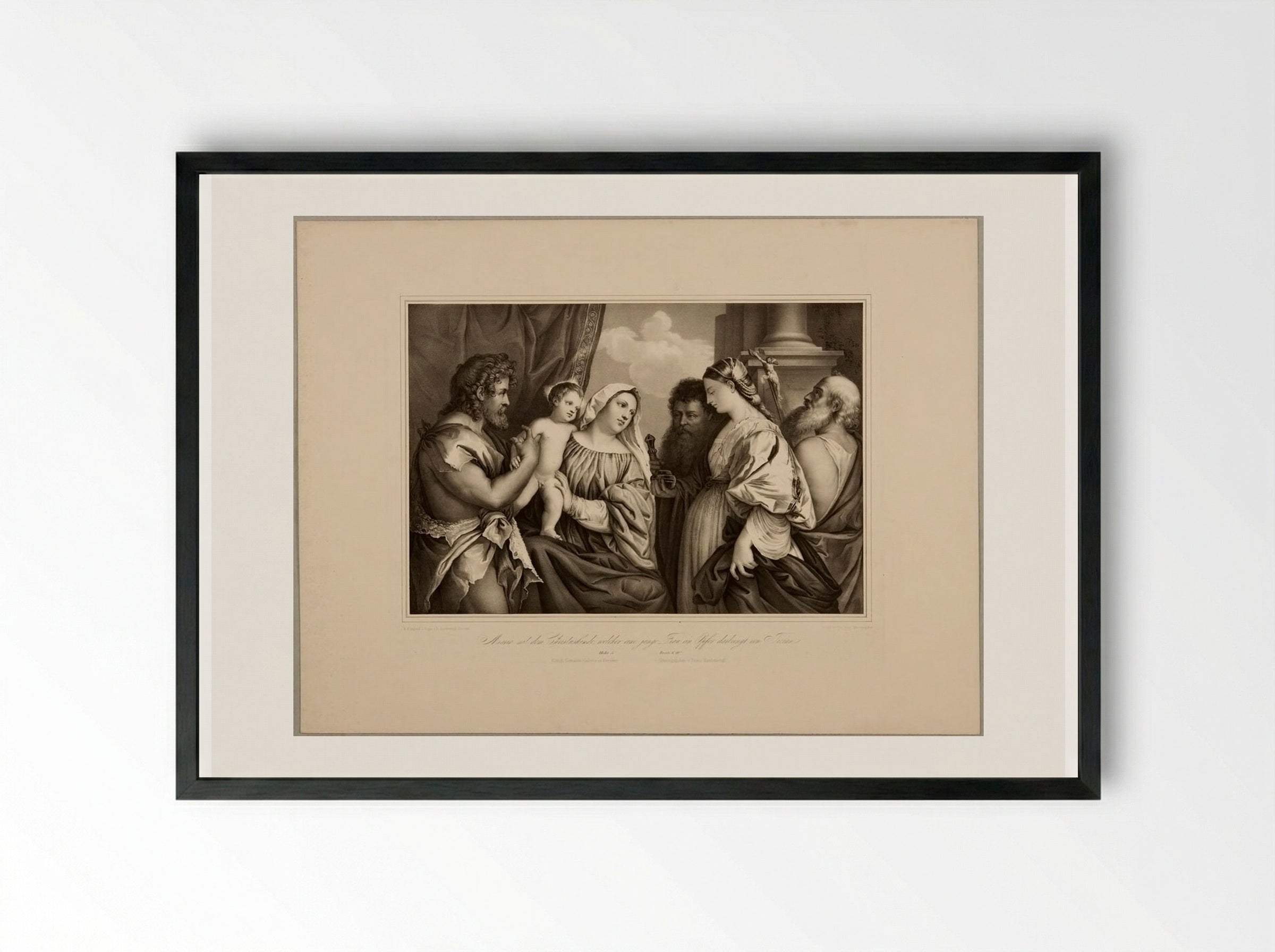 Mary with the Christchild to Whom a Young Woman Brings an Offering - Franz Hanfstaengl - Framed Print Black