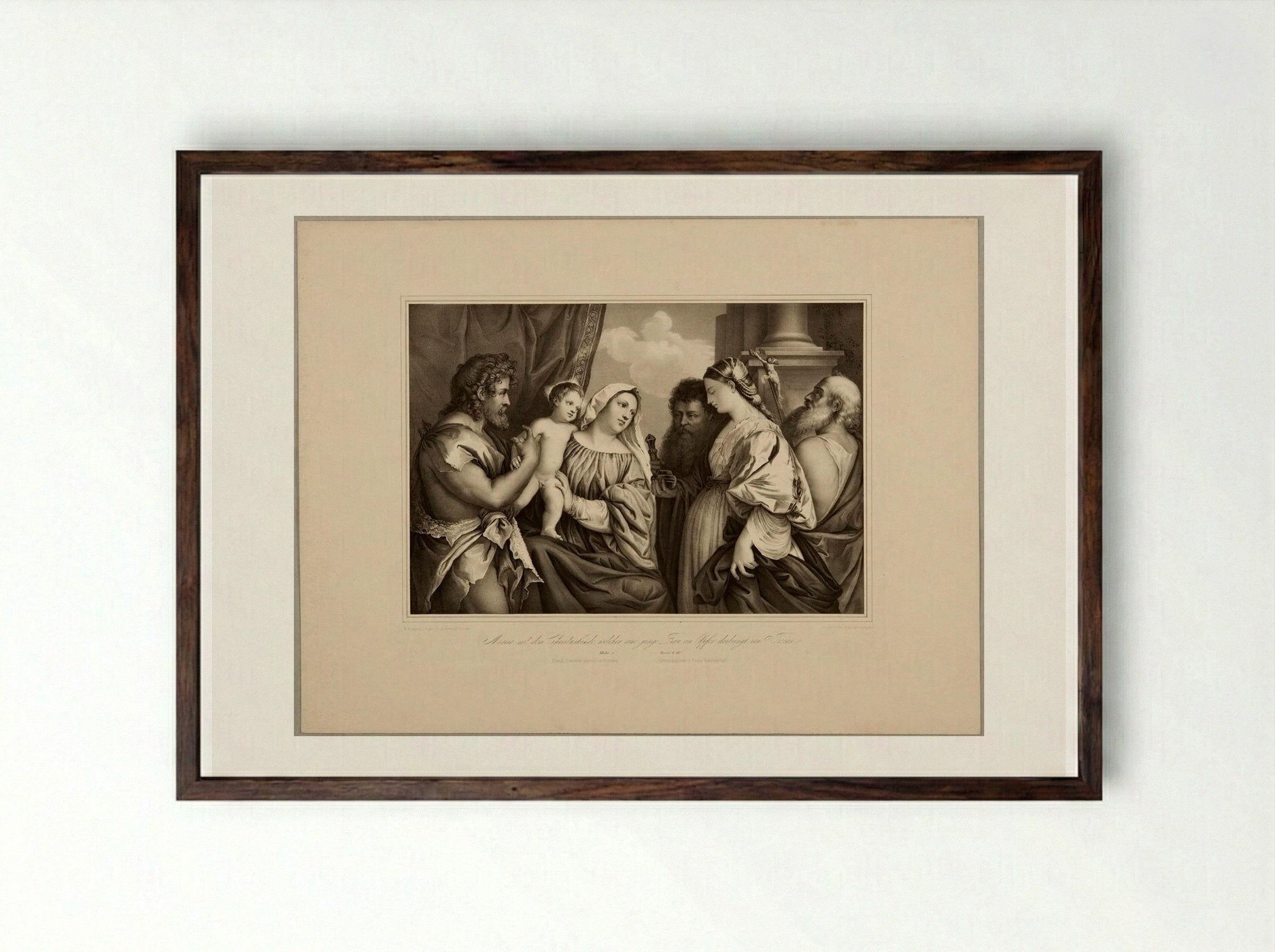 Mary with the Christchild to Whom a Young Woman Brings an Offering - Franz Hanfstaengl - Framed Print Dark Wood
