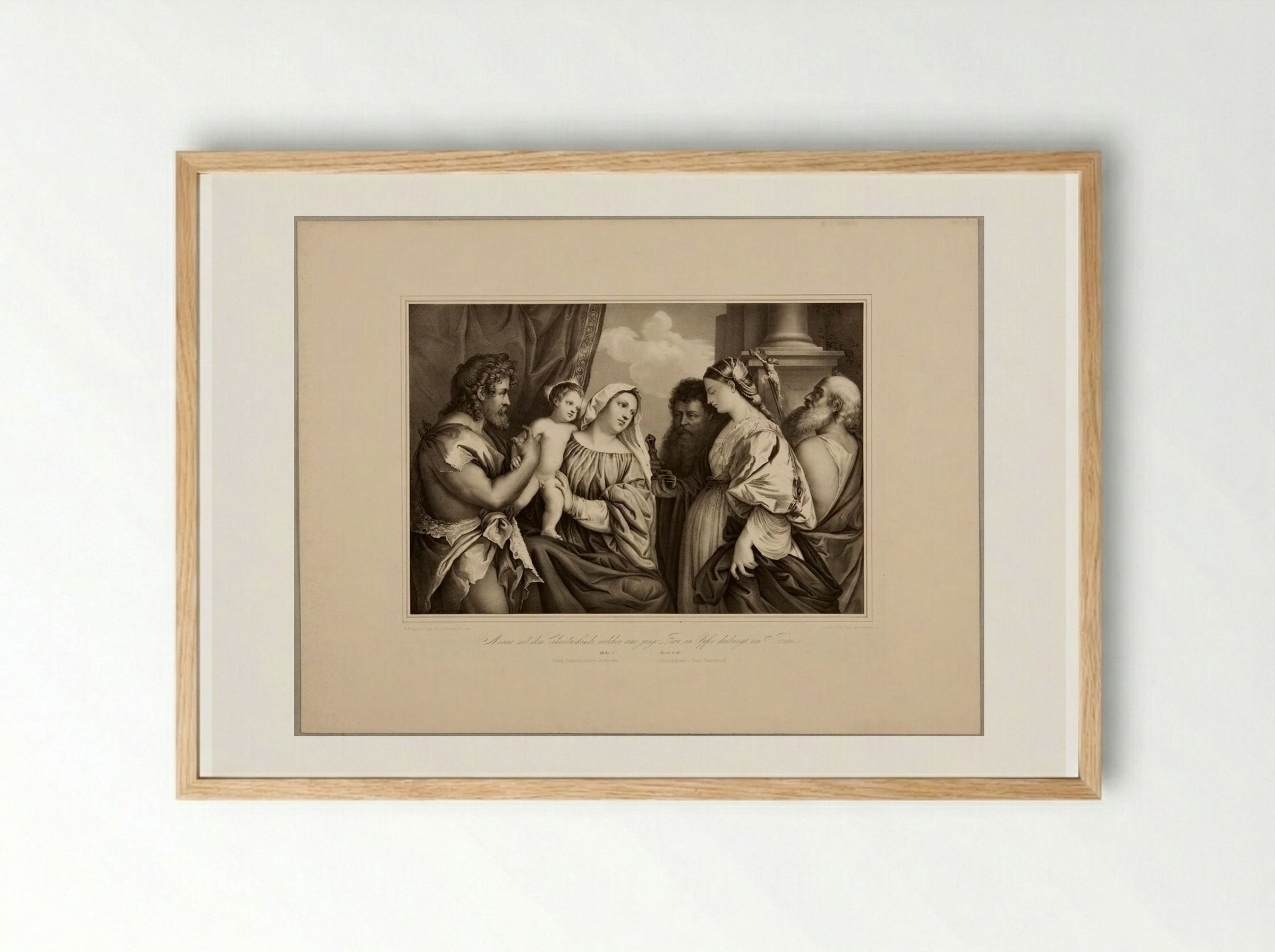 Mary with the Christchild to Whom a Young Woman Brings an Offering - Franz Hanfstaengl - Framed Print Wood