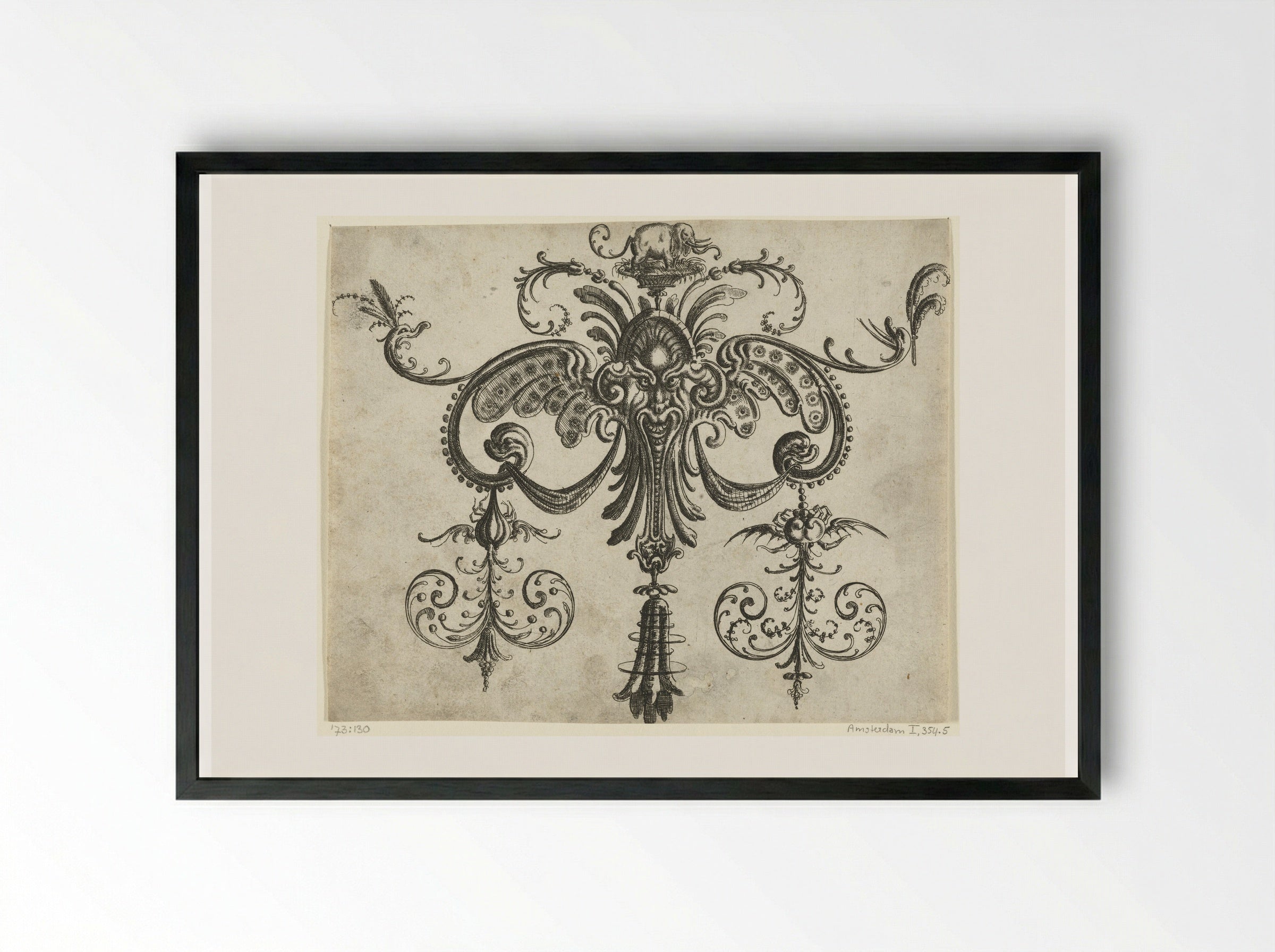 Mascaron with Wings and Fish-Headed Feathers - Christoph Jamnitzer - Framed Print Black