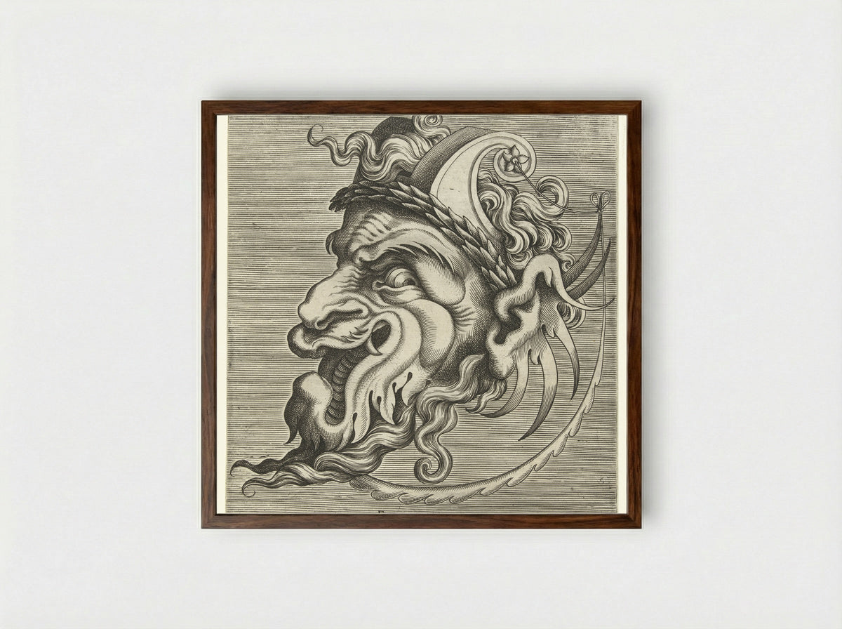 Masker en profil met twee horens van rolwerk en een lauwerkrans - Hans Liefrinck (II) - Framed Print Dark Wood