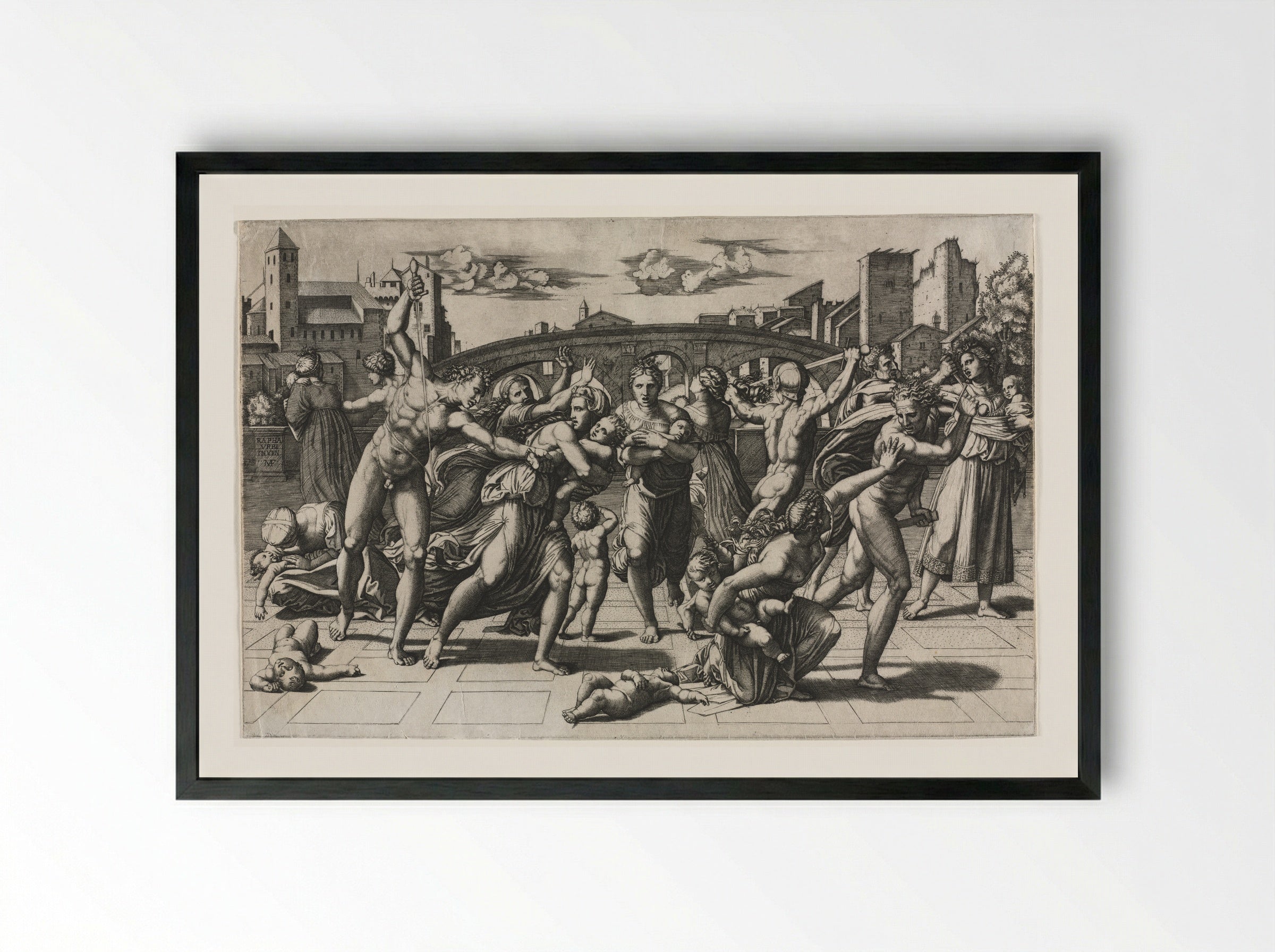 Massacre of the Innocents (without the fir tree) - Marcantonio Raimondi - Framed Print Black