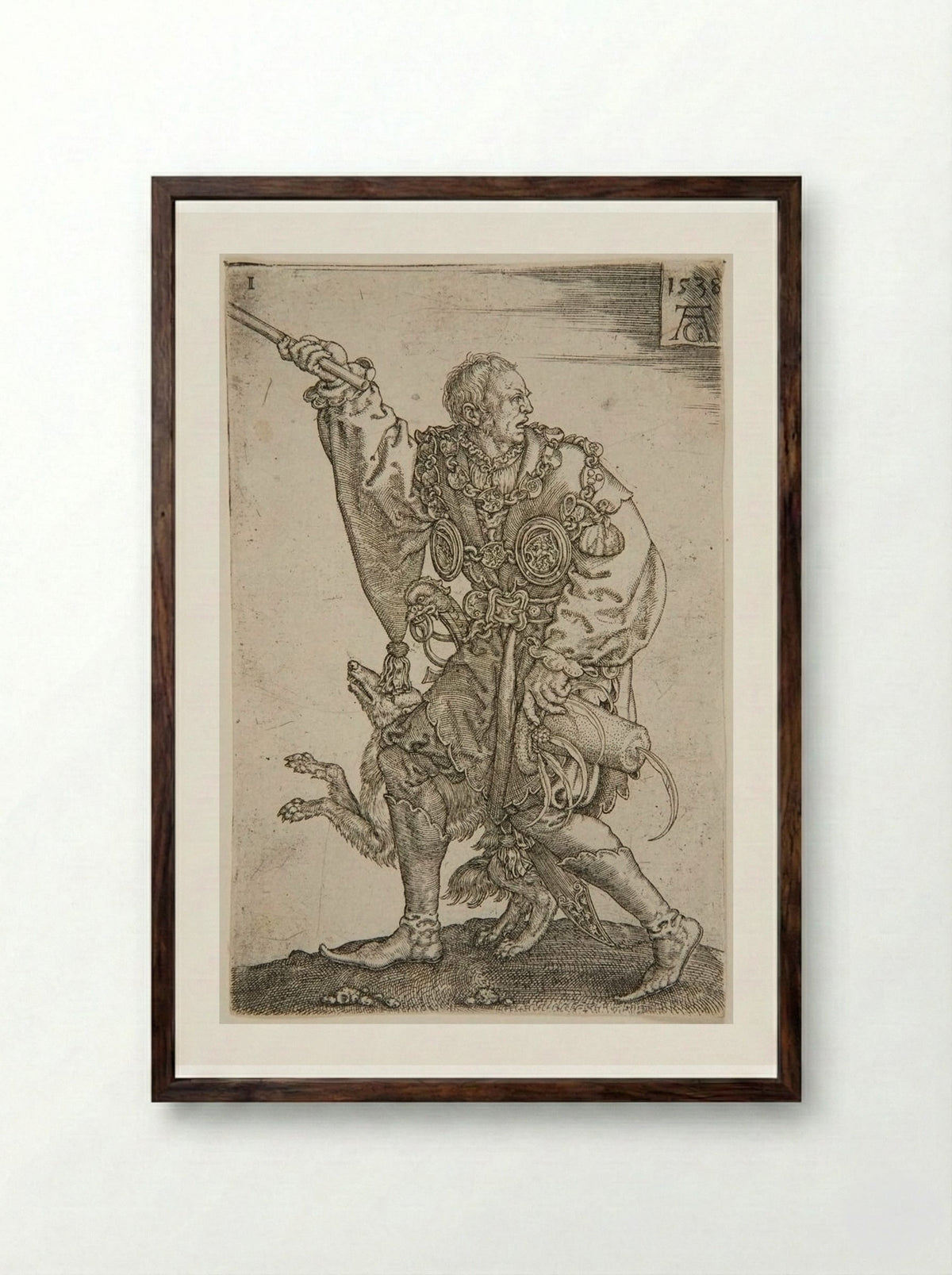 Master of Ceremonies with a Dog - Heinrich Aldegrever - Framed Print Dark Wood