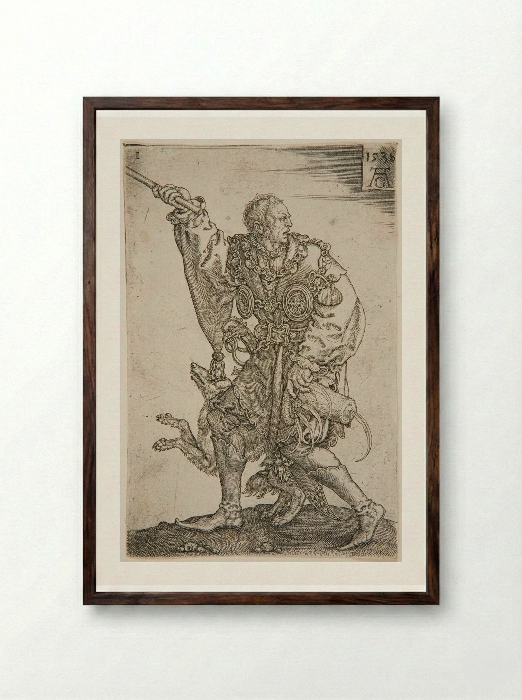 Master of Ceremonies with a Dog - Heinrich Aldegrever - Framed Print Dark Wood