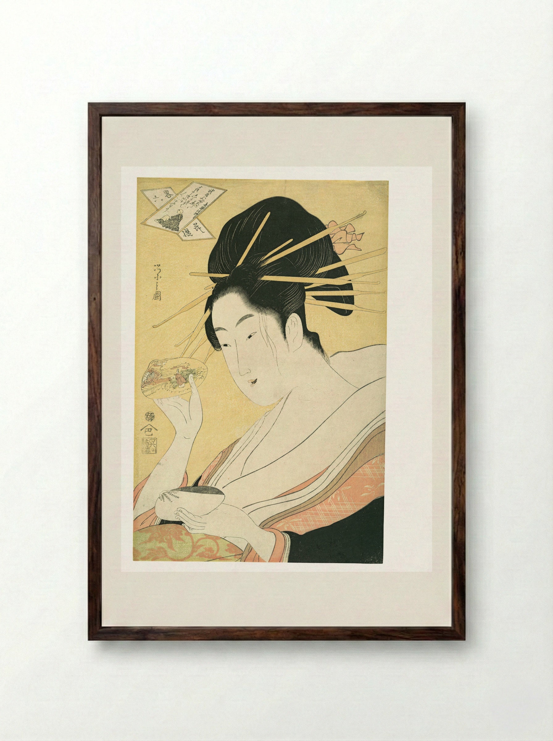 Matching Shells (Kai-awase), “Kisen Hōshi” - Chōbunsai Eishi - Framed Print Dark Wood