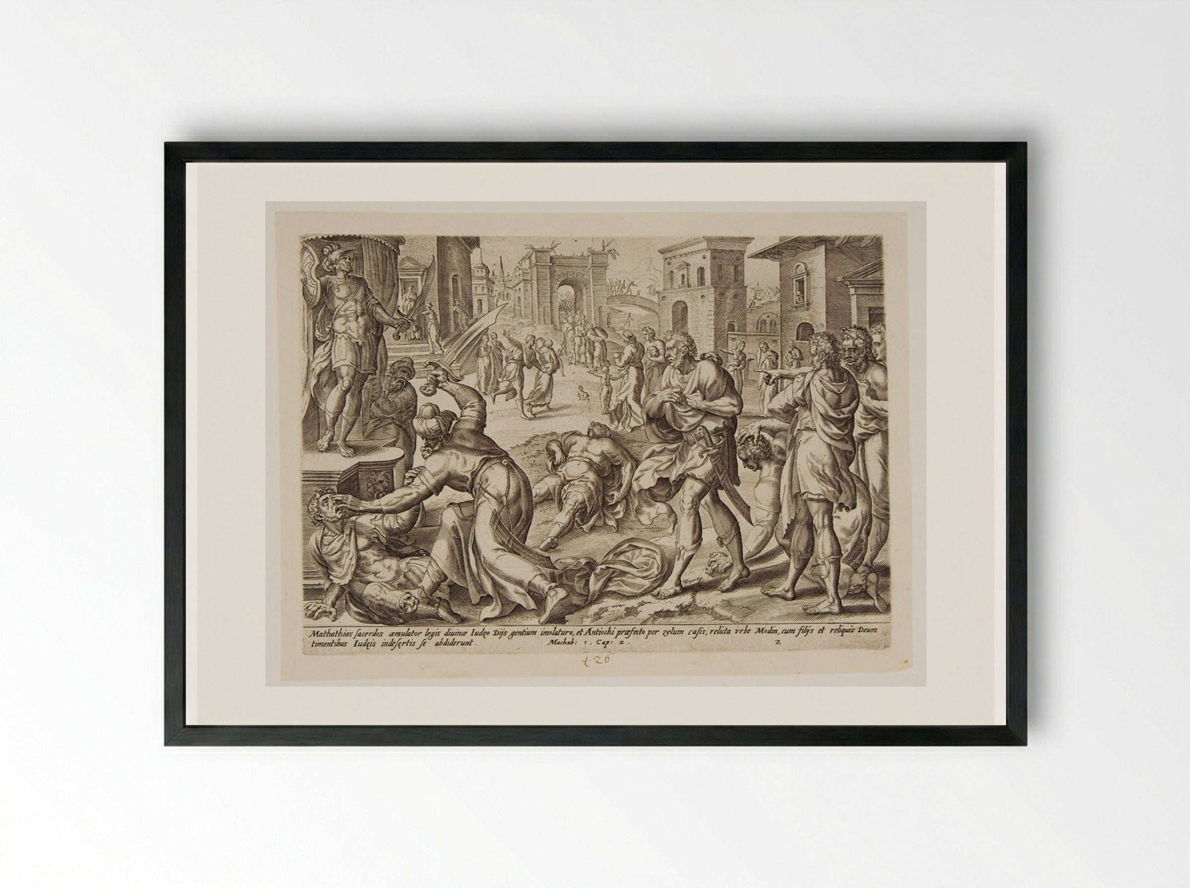 Mattathias Killing a Jew and a Royal Servant at Modin - Johannes Wierix - Framed Print Black