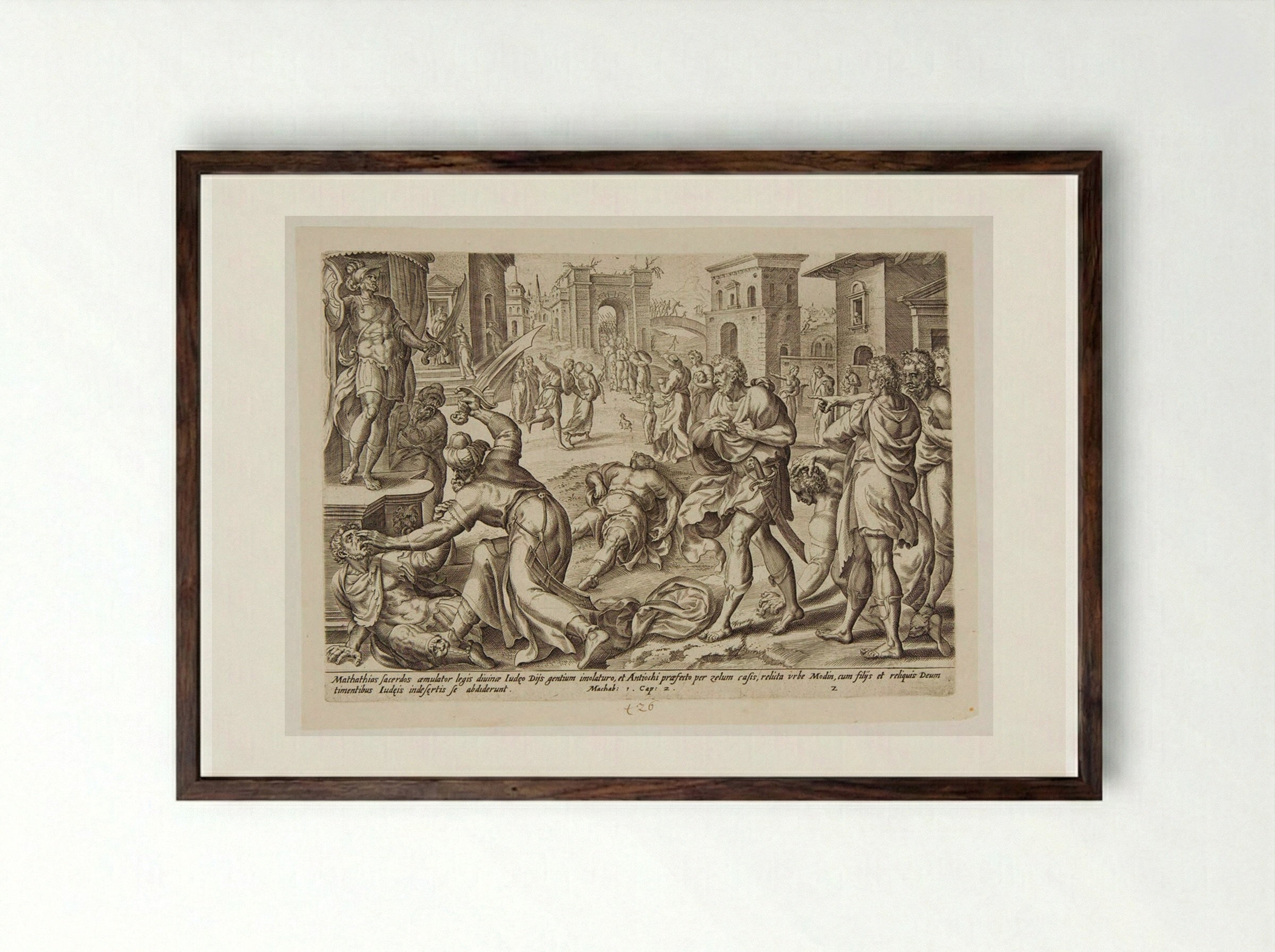 Mattathias Killing a Jew and a Royal Servant at Modin - Johannes Wierix - Framed Print Dark Wood