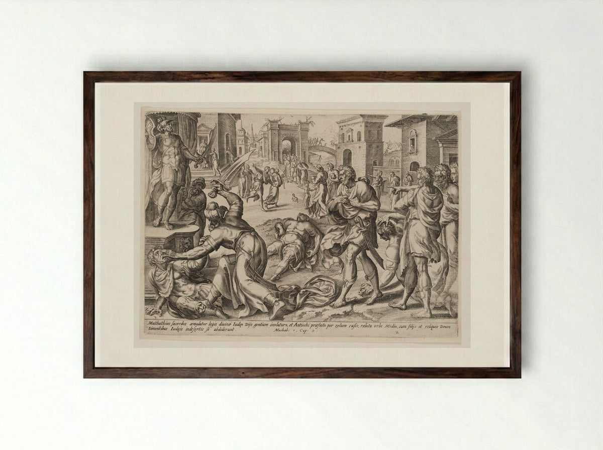 Mattathias Kills the Jew and the King's Officer - Johannes Wierix - Framed Print Dark Wood
