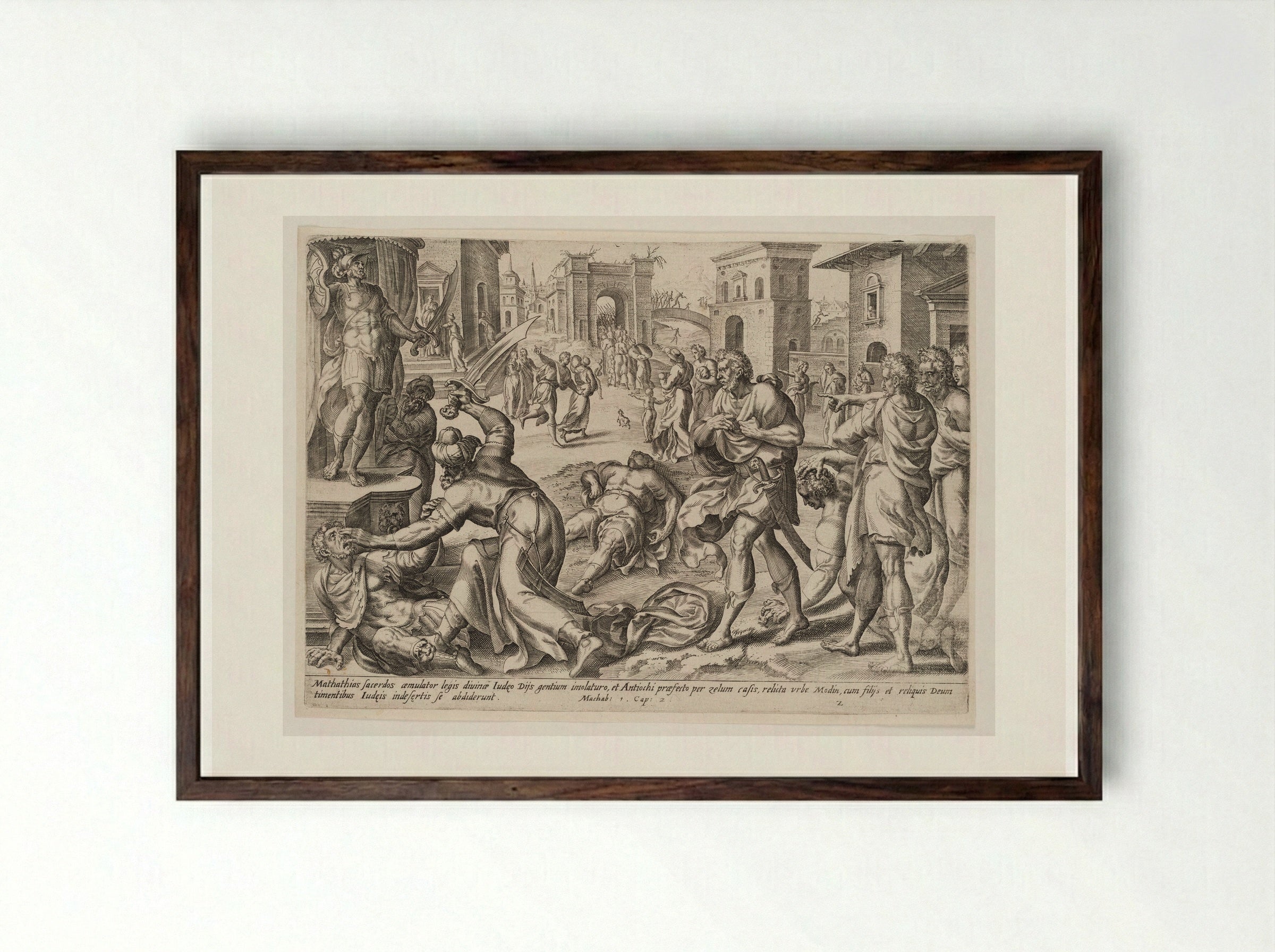 Mattathias Kills the Jew and the King's Officer - Johannes Wierix - Framed Print Dark Wood